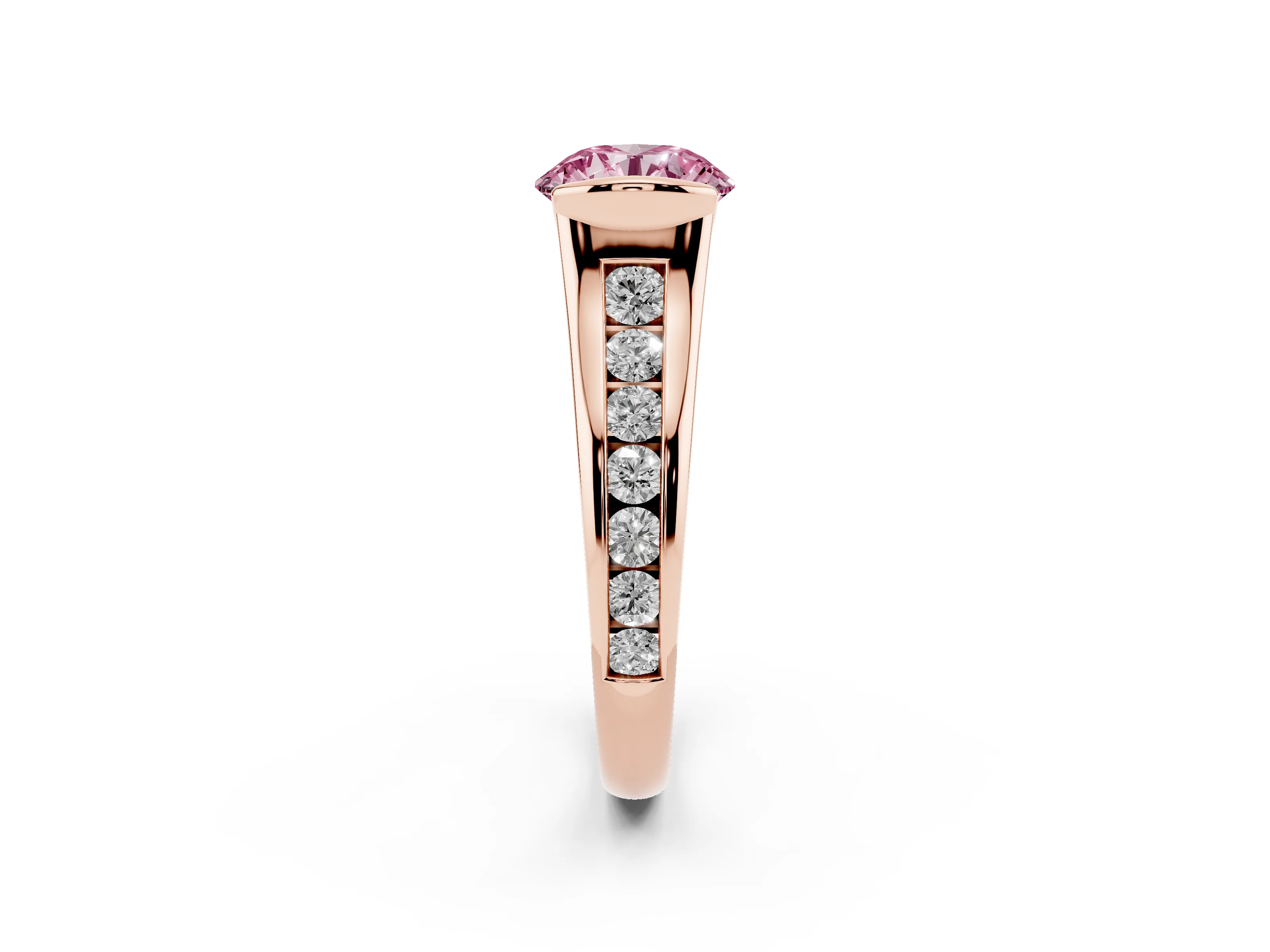 Fancy Pink Round Cut Diamond Bezel-Set Solitaire Ring Set in Rose gold with Channel-Set Band