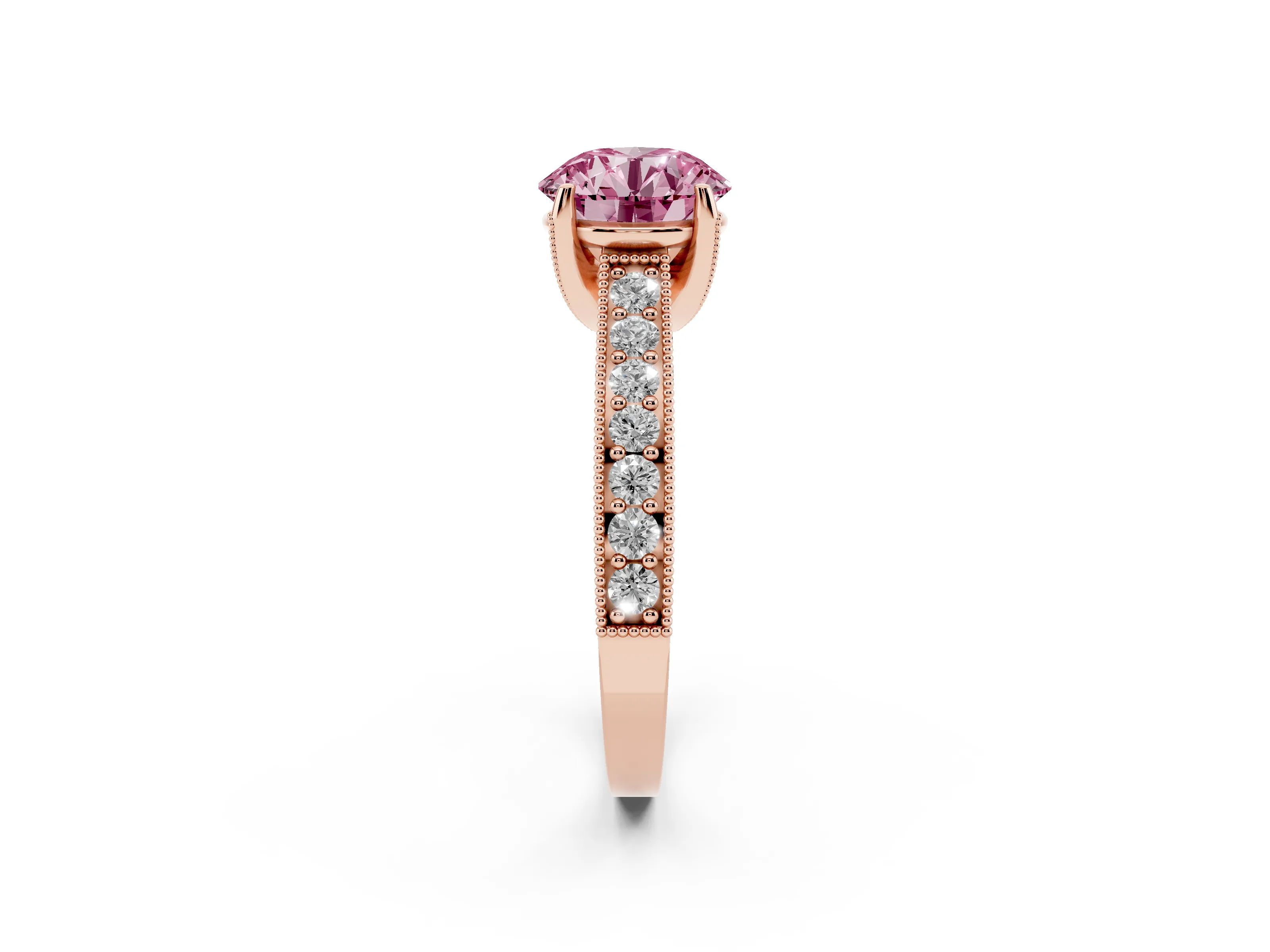 Fancy Pink Round Cut Diamond Solitaire Ring Set in Rose gold with Milgrain-Edged Pavé Band and Prong Setting