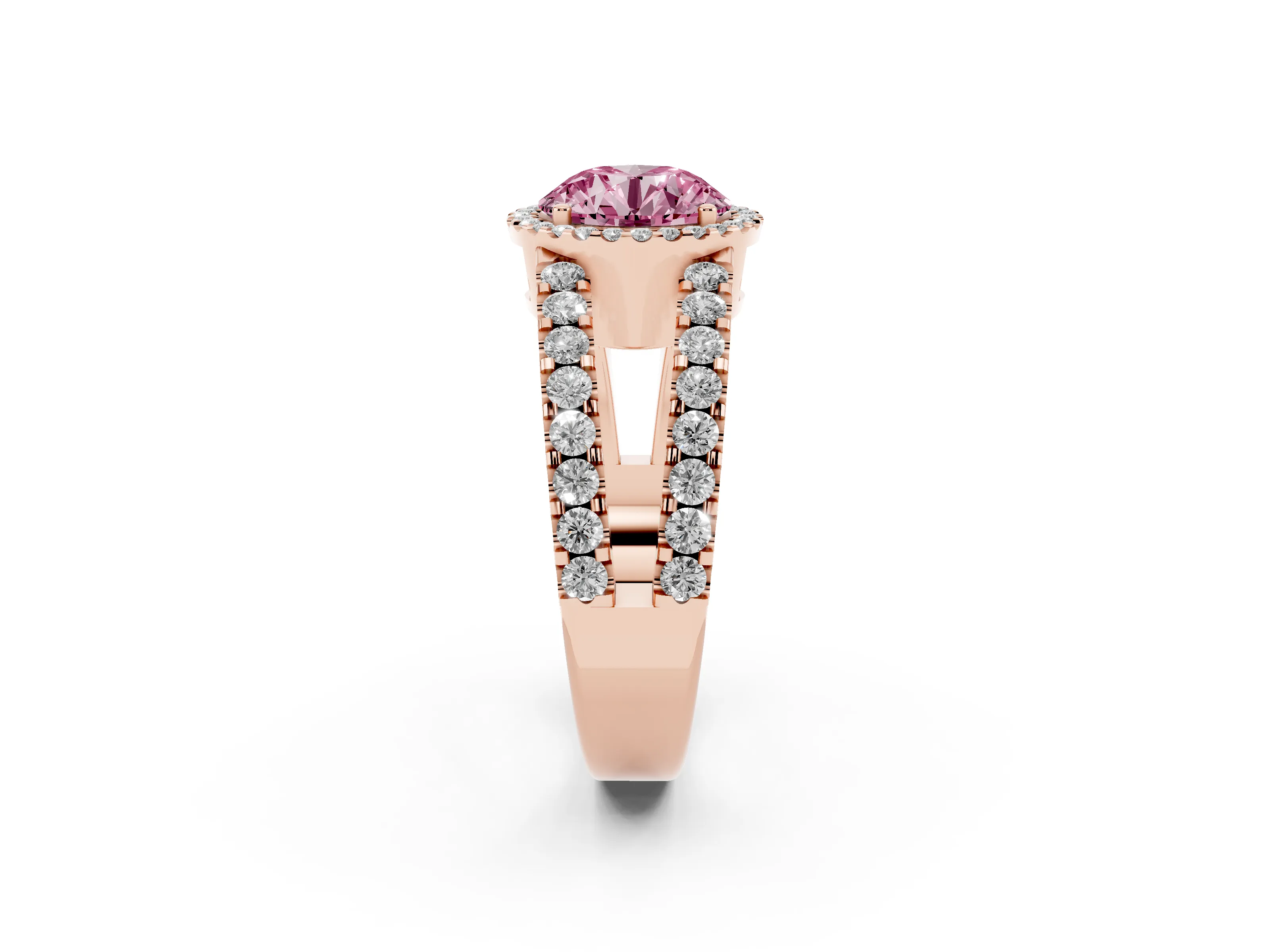 Fancy Pink Round Cut Diamond Halo Ring Set in Rose gold with Pavé Split Shank and Prong Setting