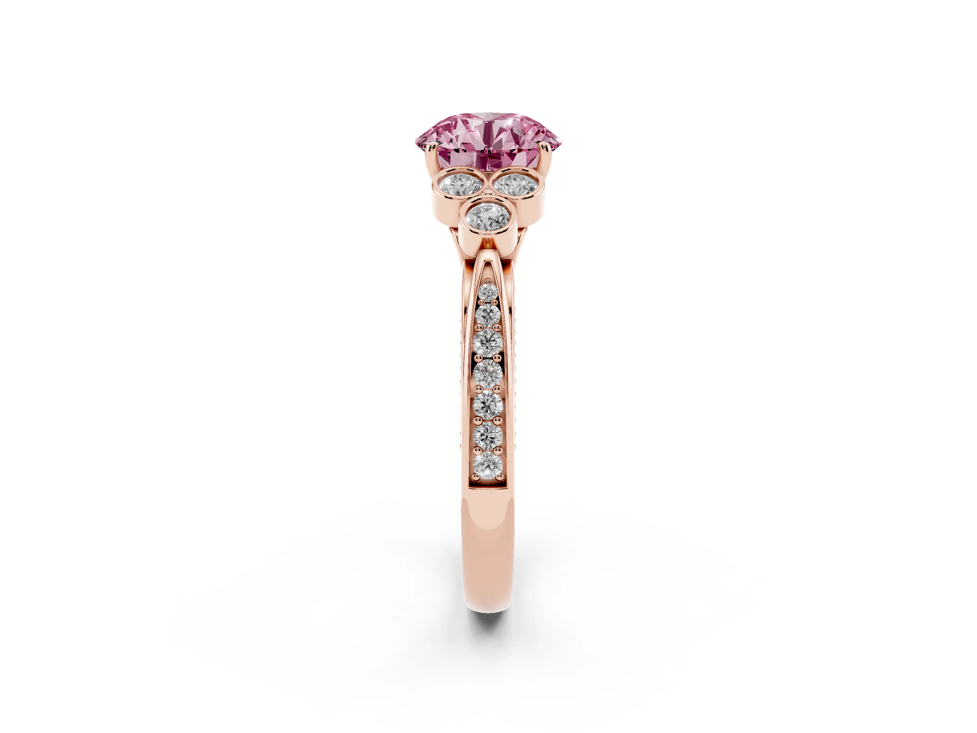 Fancy Pink Round Cut Diamond Engagement Ring Set in Rose gold with Bezel Set Round Side Stones and Prong Setting