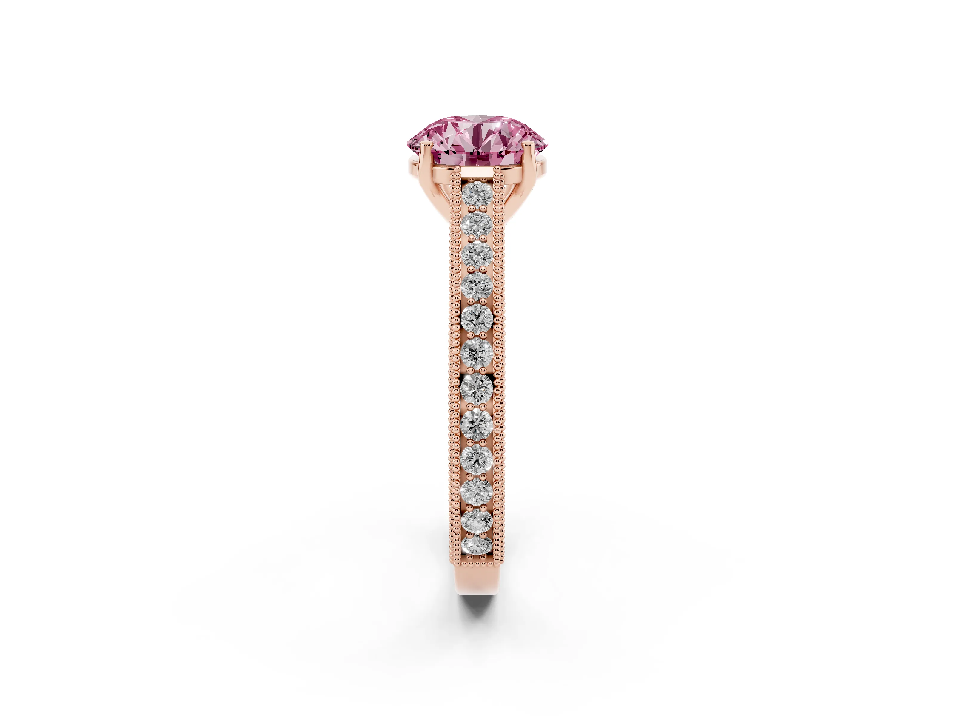 Fancy Pink Round Cut Diamond Milgrain Pavé Band Solitaire Ring Set in Rose gold with Prong Setting