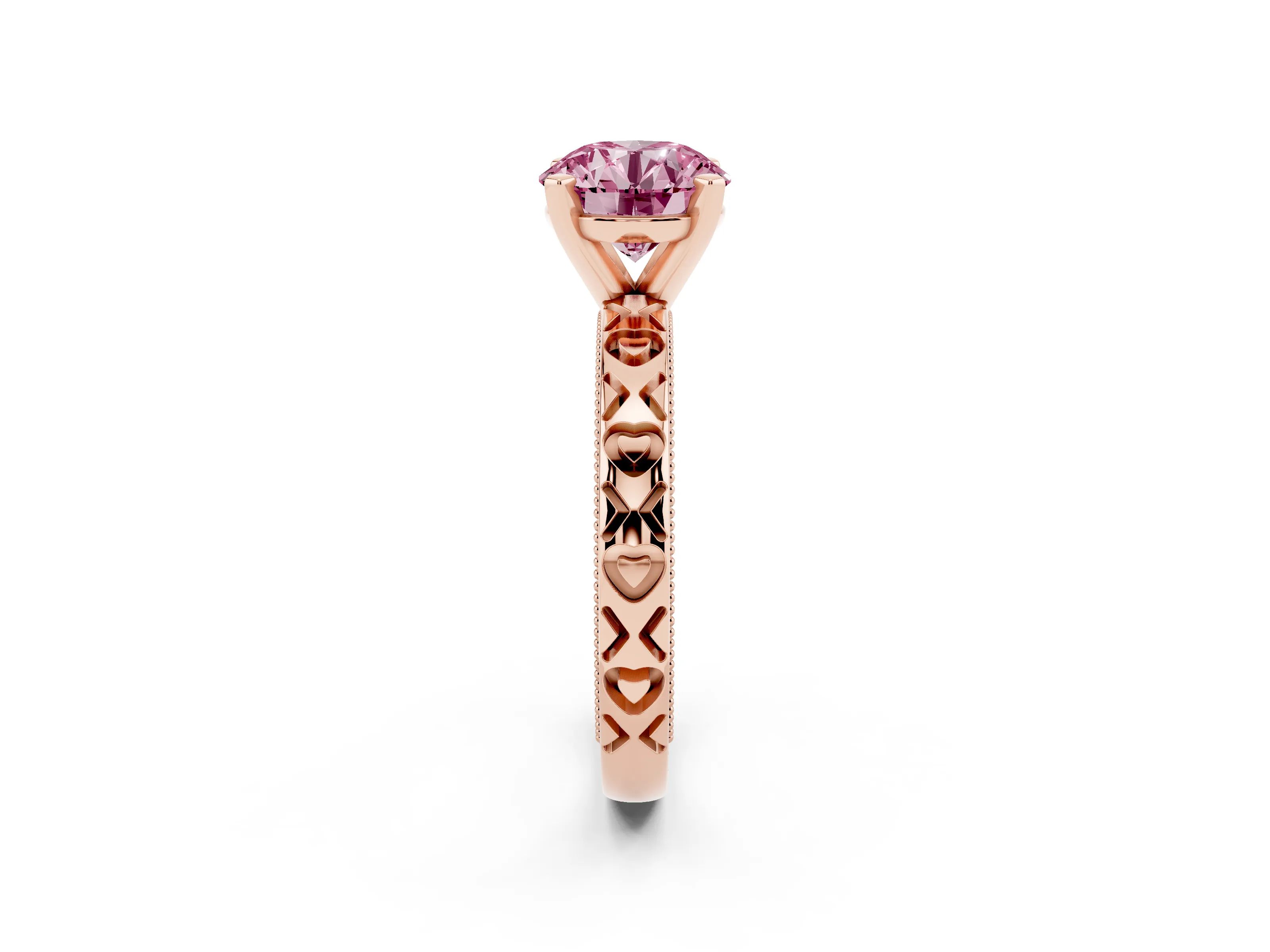 Fancy Pink Round Cut Diamond Solitaire Engagement Ring Set in Rose gold with XO Engraved Band and Prong Setting