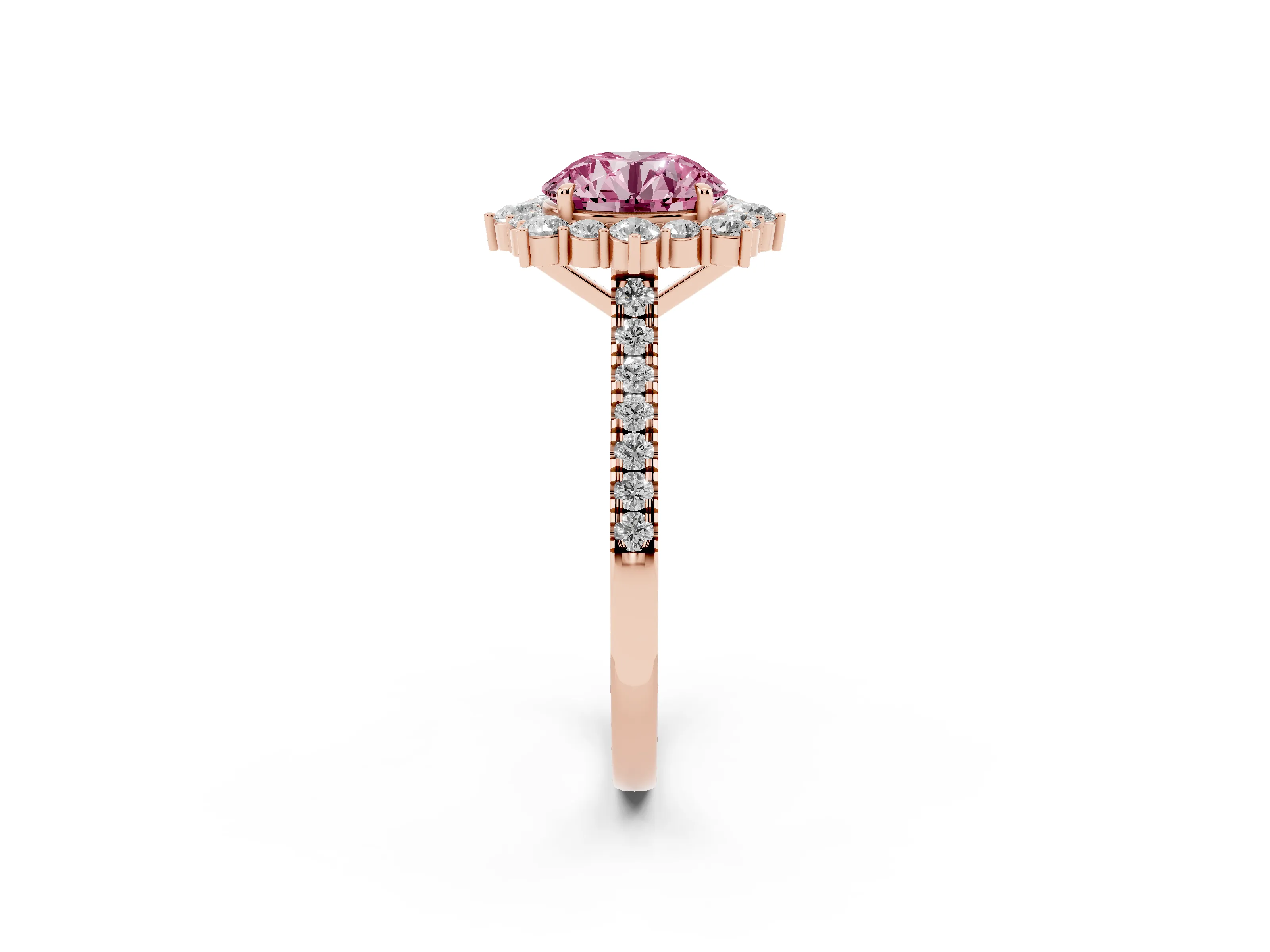 Fancy Pink Round Cut Diamond Halo Ring Set in Rose gold with Pavé Band and Prong Setting