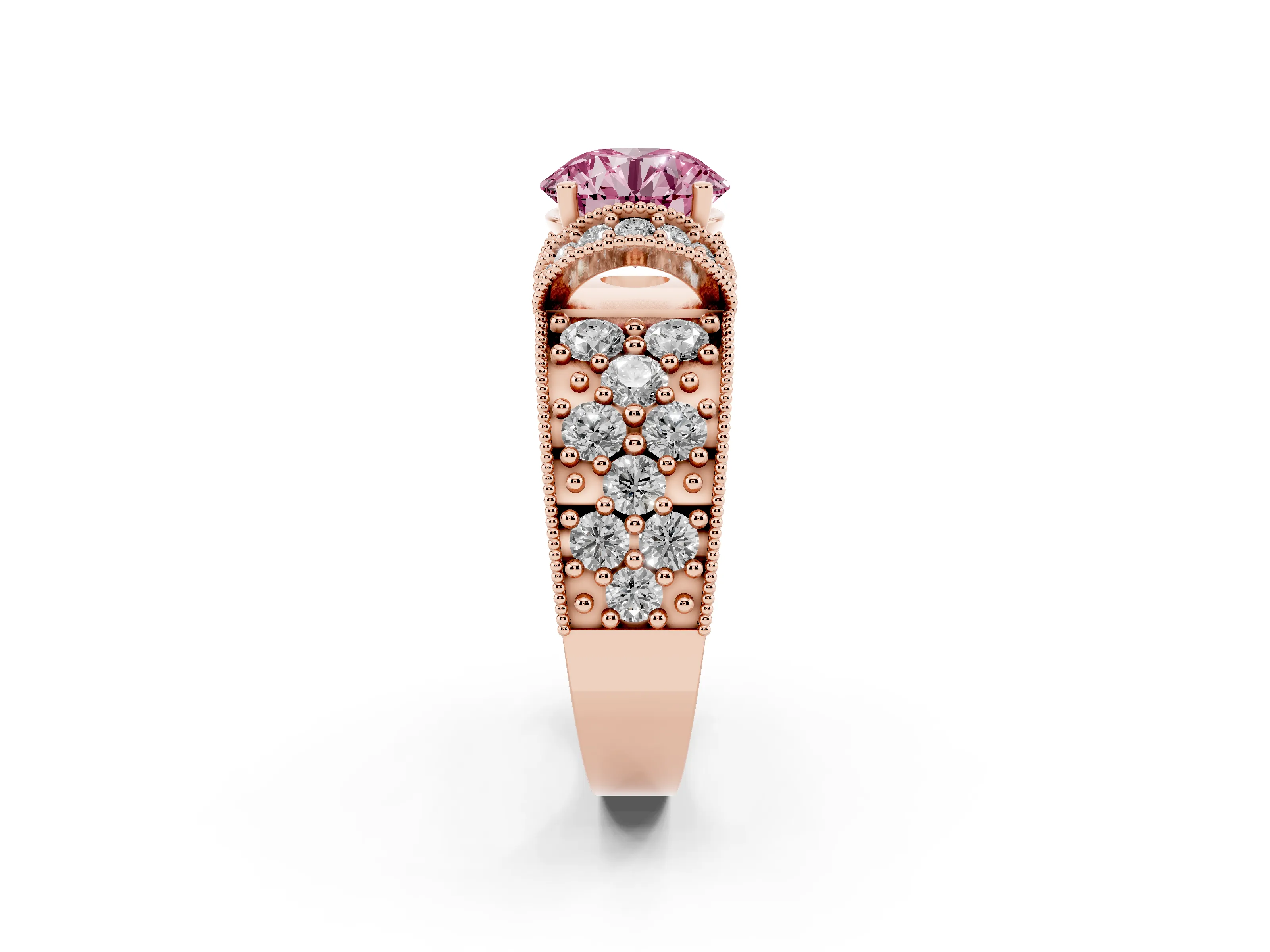 Fancy Pink Round Cut Diamond Milgrain Halo Pavé Engagement Ring Set in Rose gold with Prong Setting