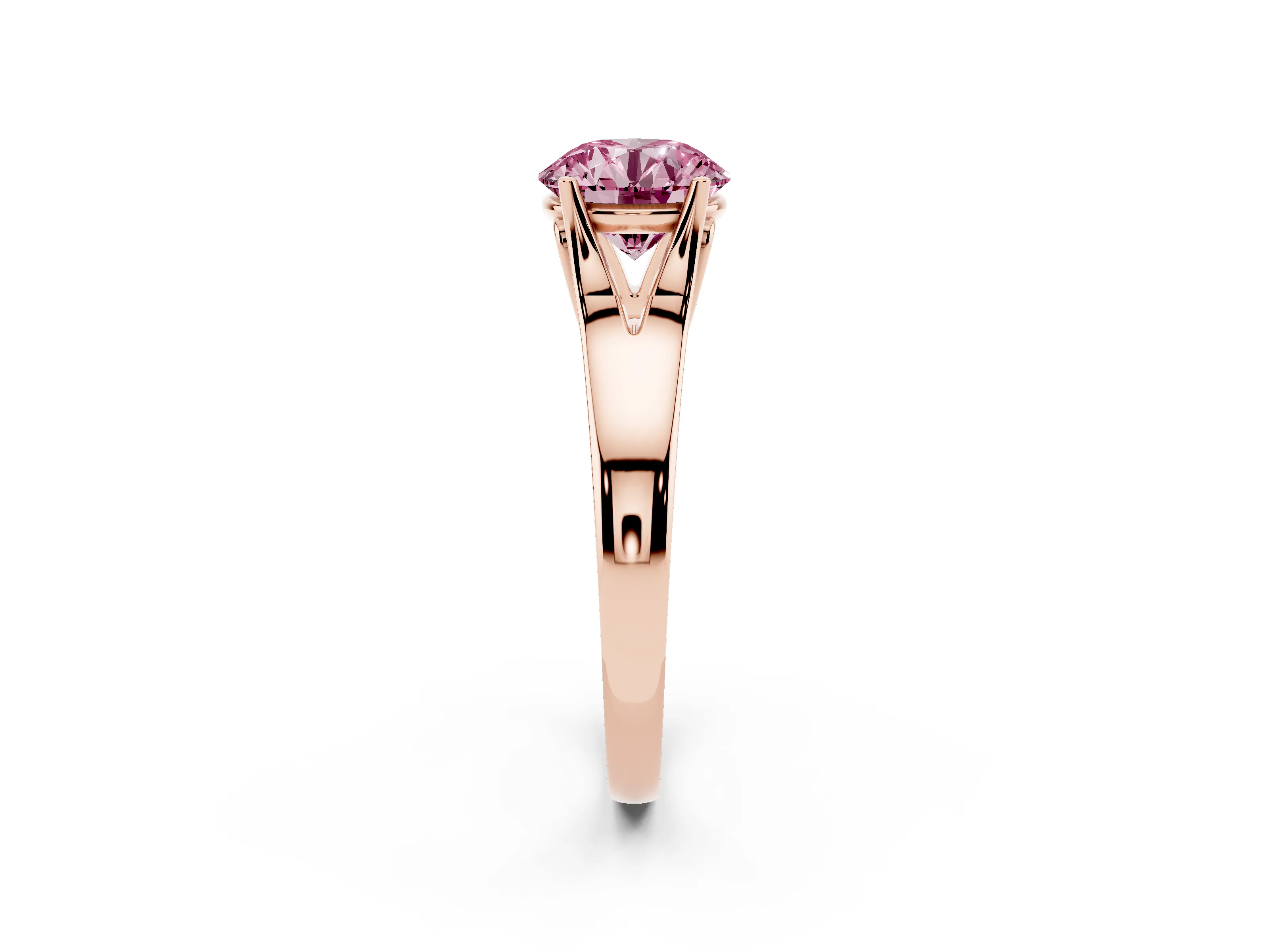 Fancy Pink Round Cut Diamond Solitaire Ring Set in Rose gold with Arched Cathedral Band and Prong Setting