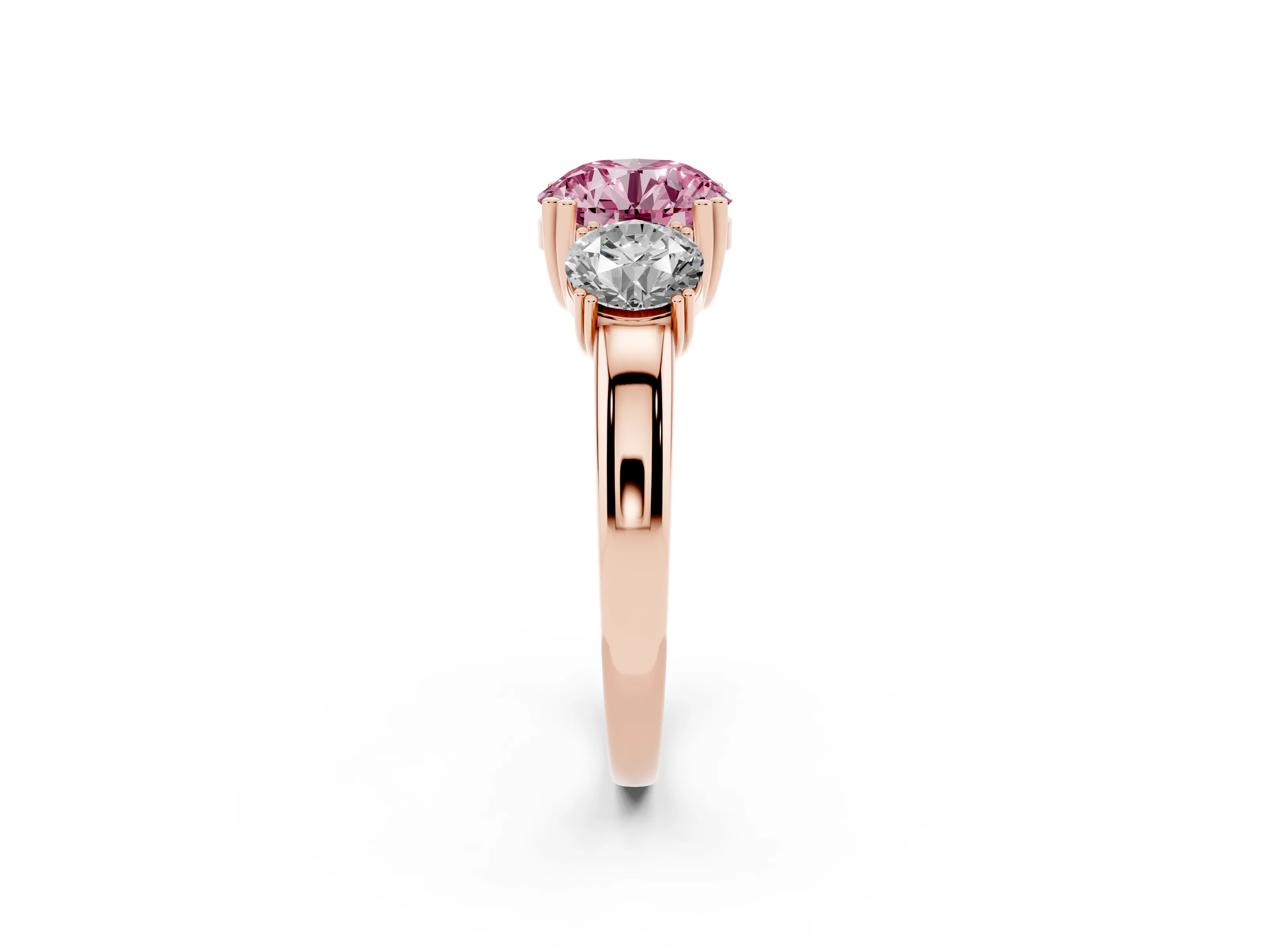 Fancy Pink Round Cut Diamond Three-Stone Ring Set in Rose gold with Polished Channel-Set Band