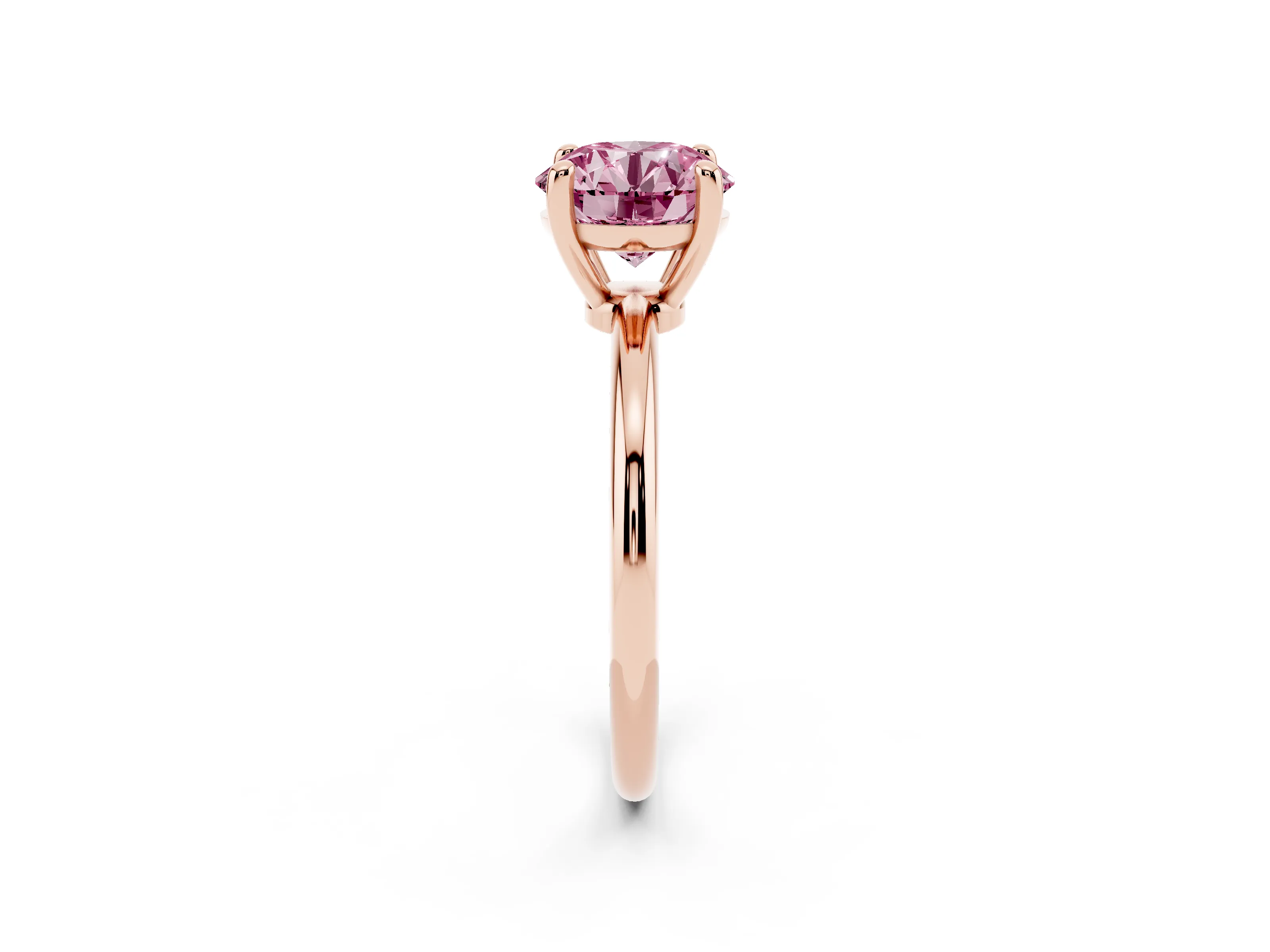 Fancy Pink Round Cut Diamond Solitaire Ring Set in Rose gold with Secure Prong Setting on a Classic Band