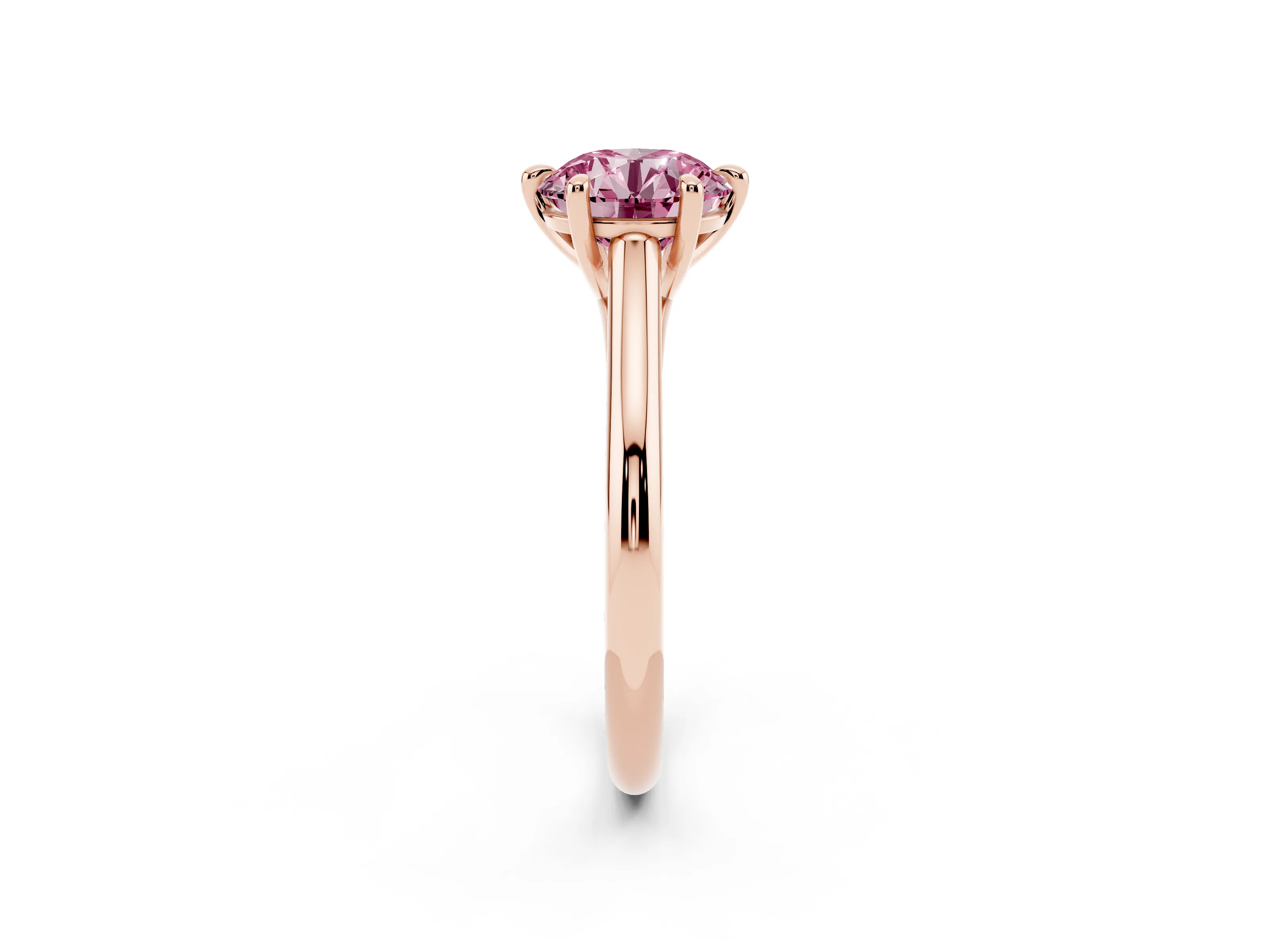 Fancy Pink Round Cut Diamond Solitaire Engagement Ring Set in Rose gold with Prong Setting and Plain Classic Band