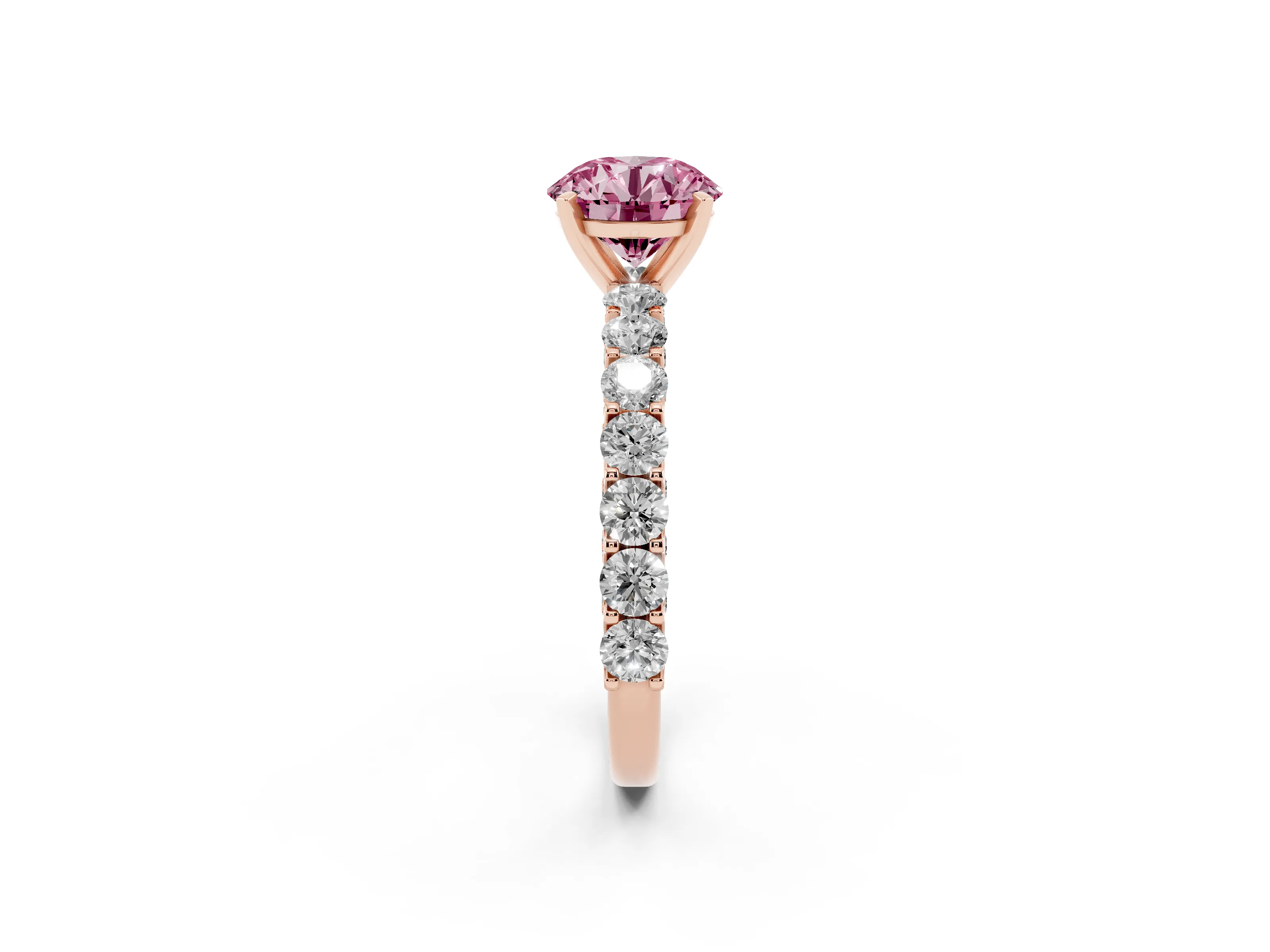 Fancy Pink Round Cut Diamond Solitaire Ring Set in Rose gold with Shared Prong Pavé Band