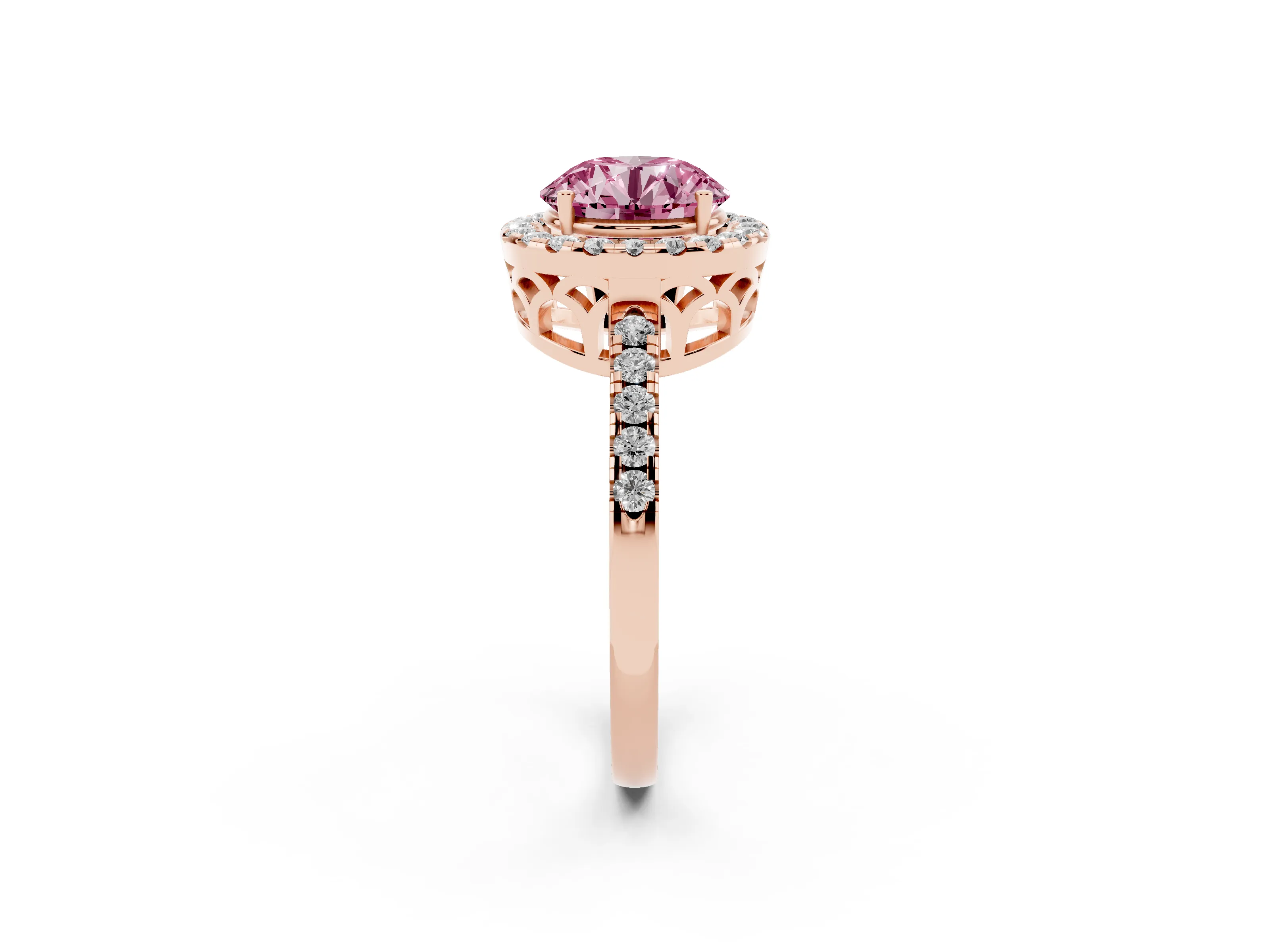 Fancy Pink Round Cut Diamond Pavé Band Halo Engagement Ring Set in Rose gold with Prong Setting