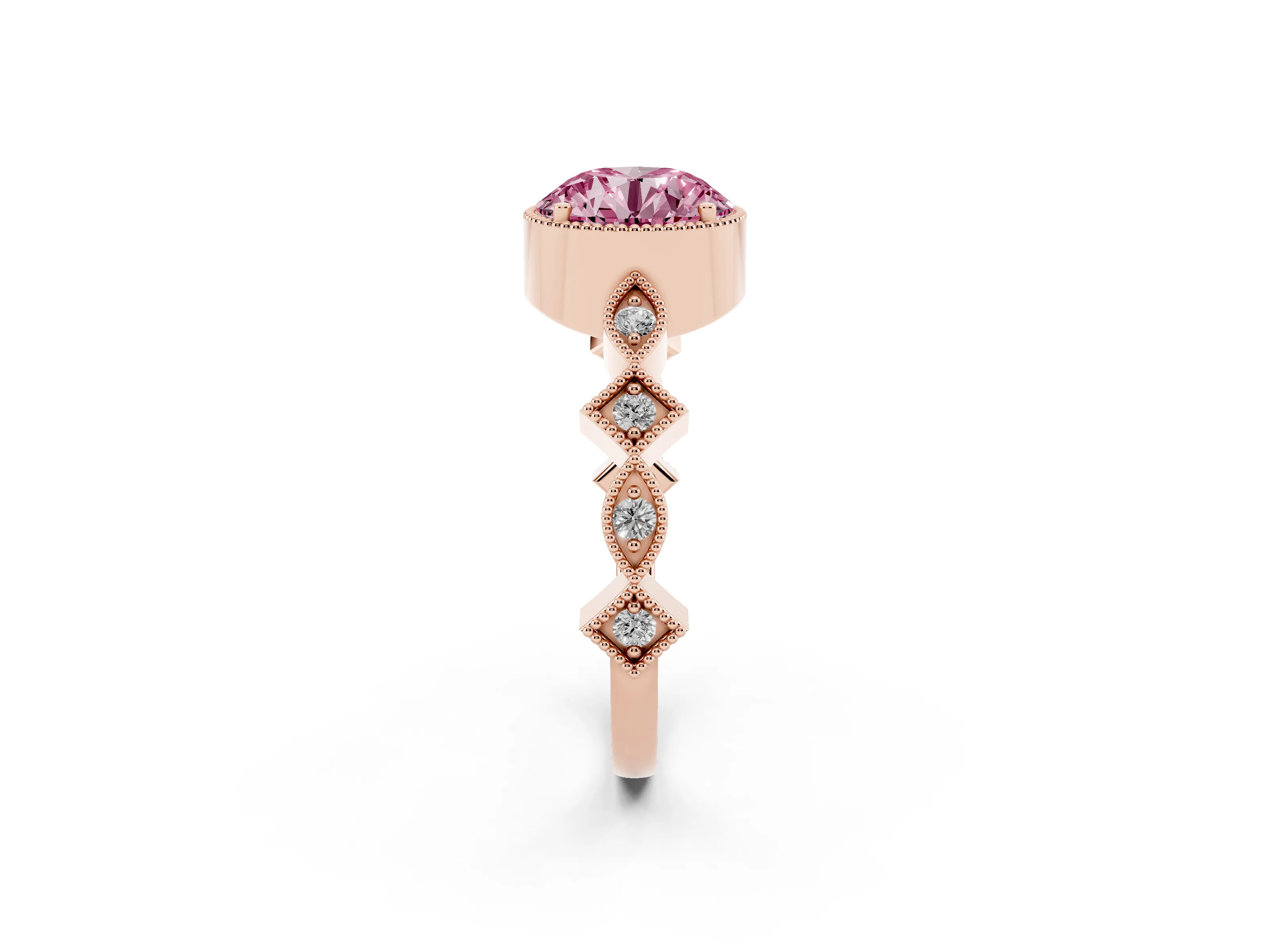 Fancy Pink Round Cut Diamond Milgrain Marquise Twist Band Ring Set in Rose gold with Prong Setting