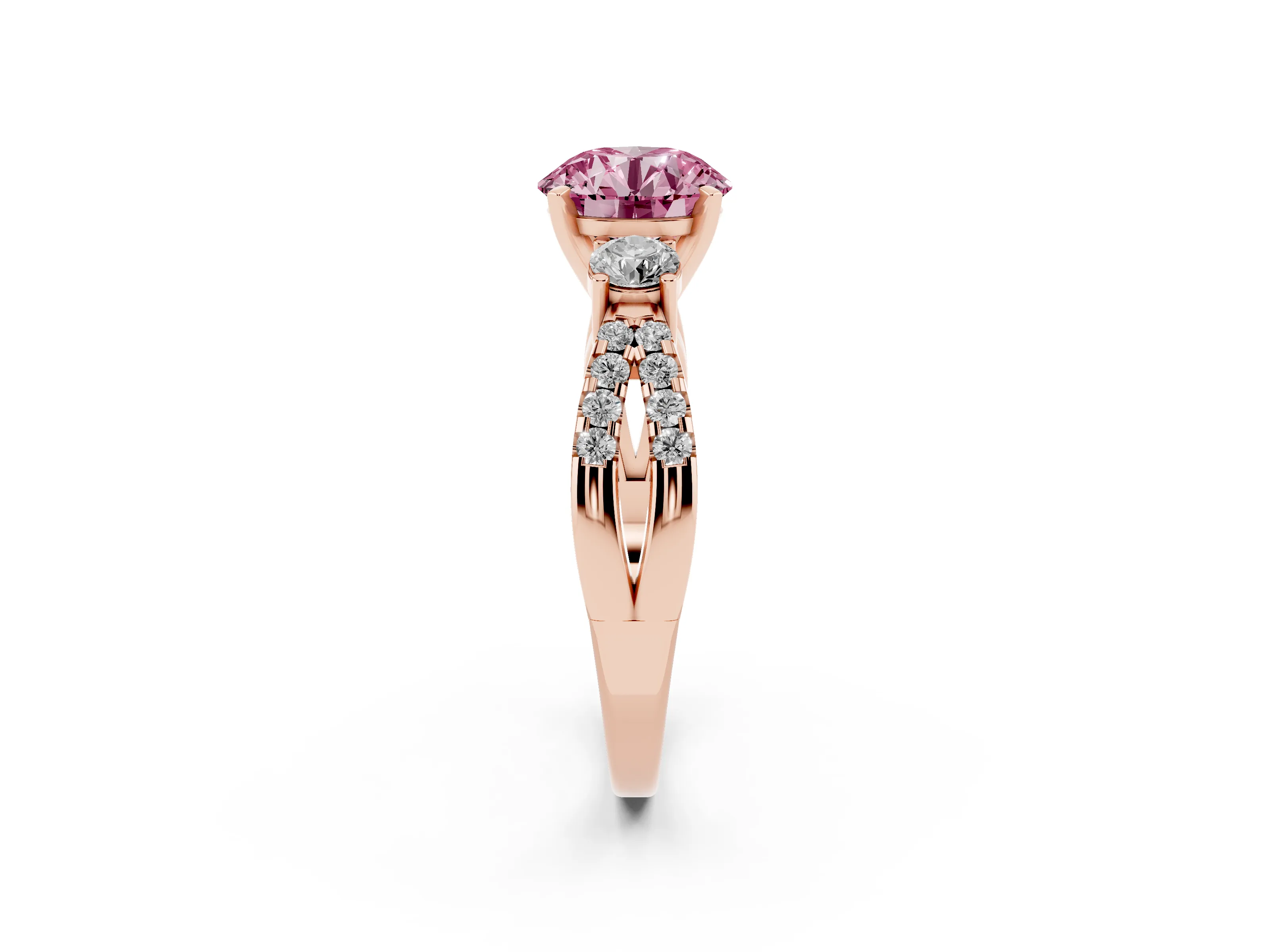 Fancy Pink Round Cut Diamond Three-Stone Ring Set in Rose gold with Pavé Split Shank and Prong Setting