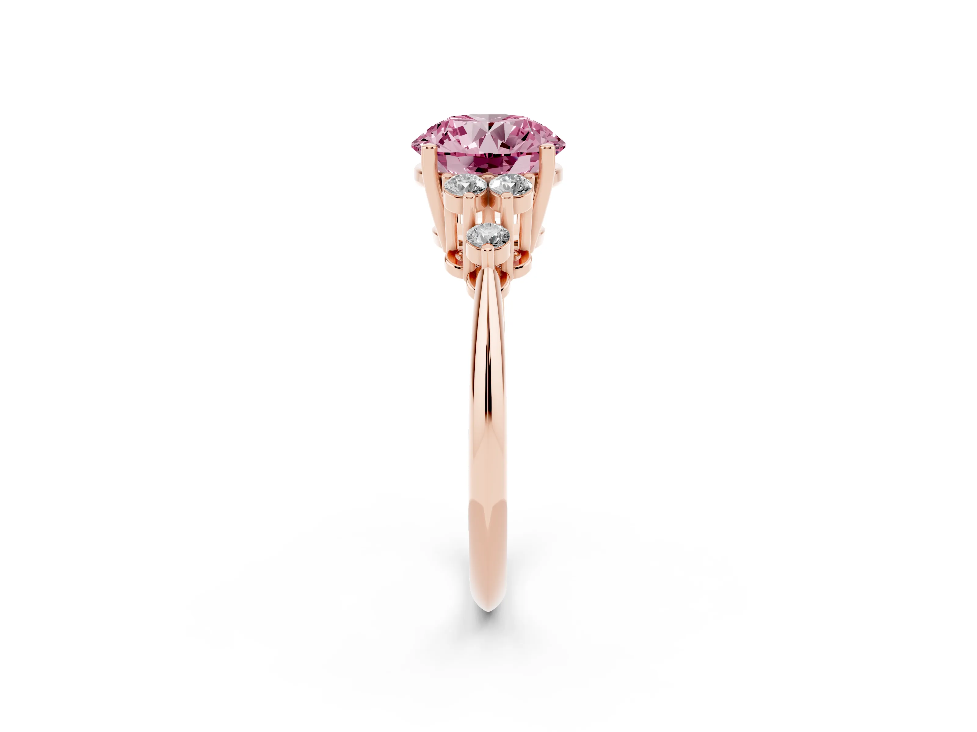 Fancy Pink Round Cut Diamond Cluster Ring Set in Rose gold with Plain Band and Prong Setting