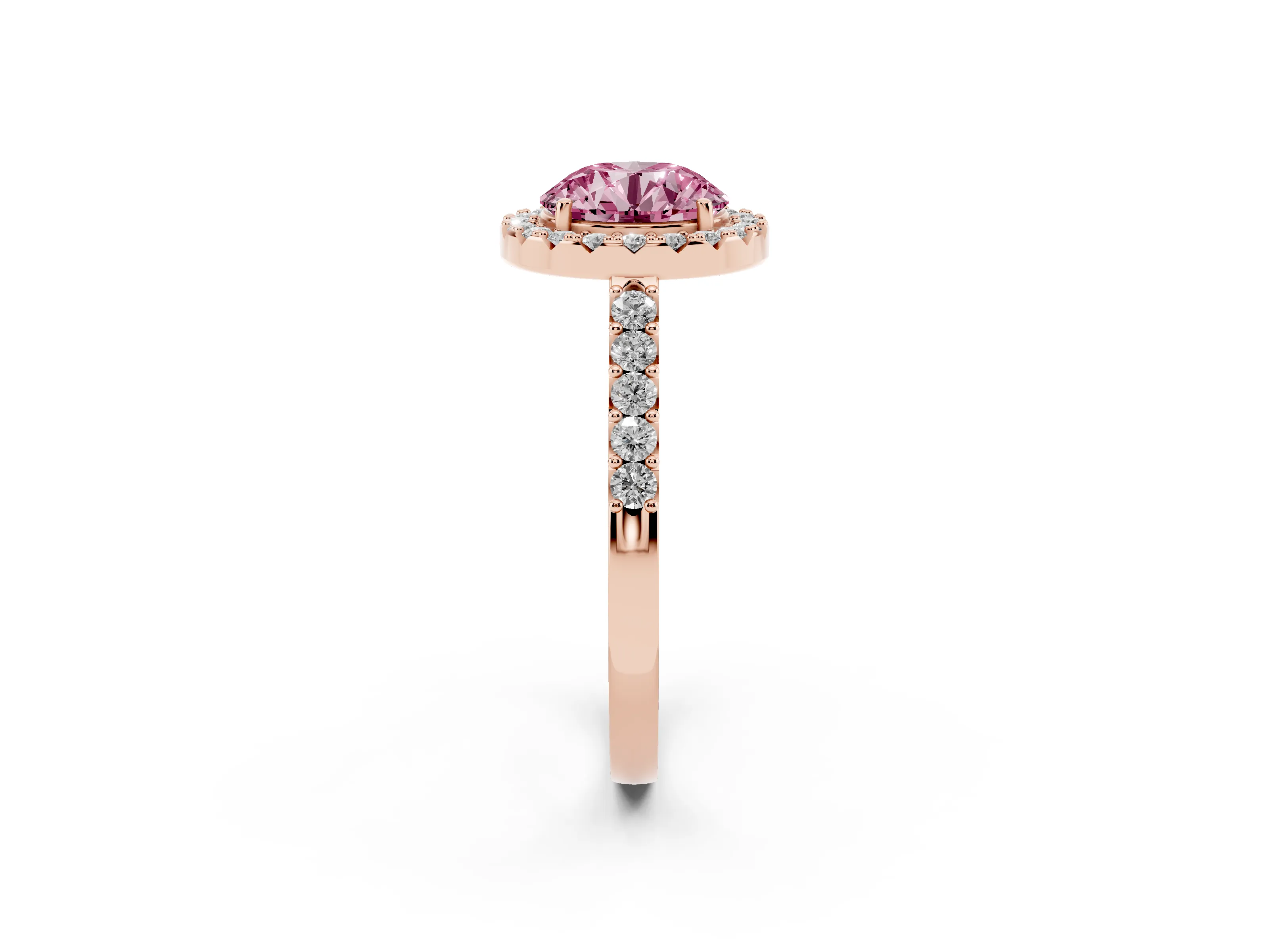 Fancy Pink Round Cut Diamond Halo Pavé Solitaire Ring Set in Rose gold with Prong-Set Center Stone