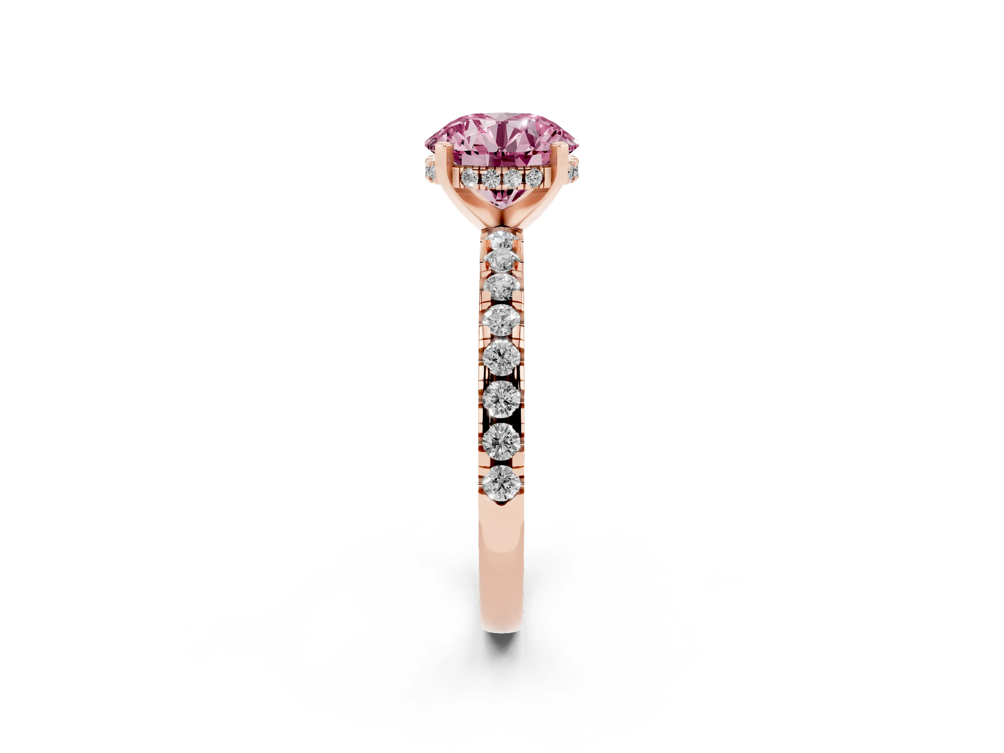 Fancy Pink Round Cut Diamond Pavé Solitaire Ring Set in Rose gold with Round Band Accents and Prong Setting