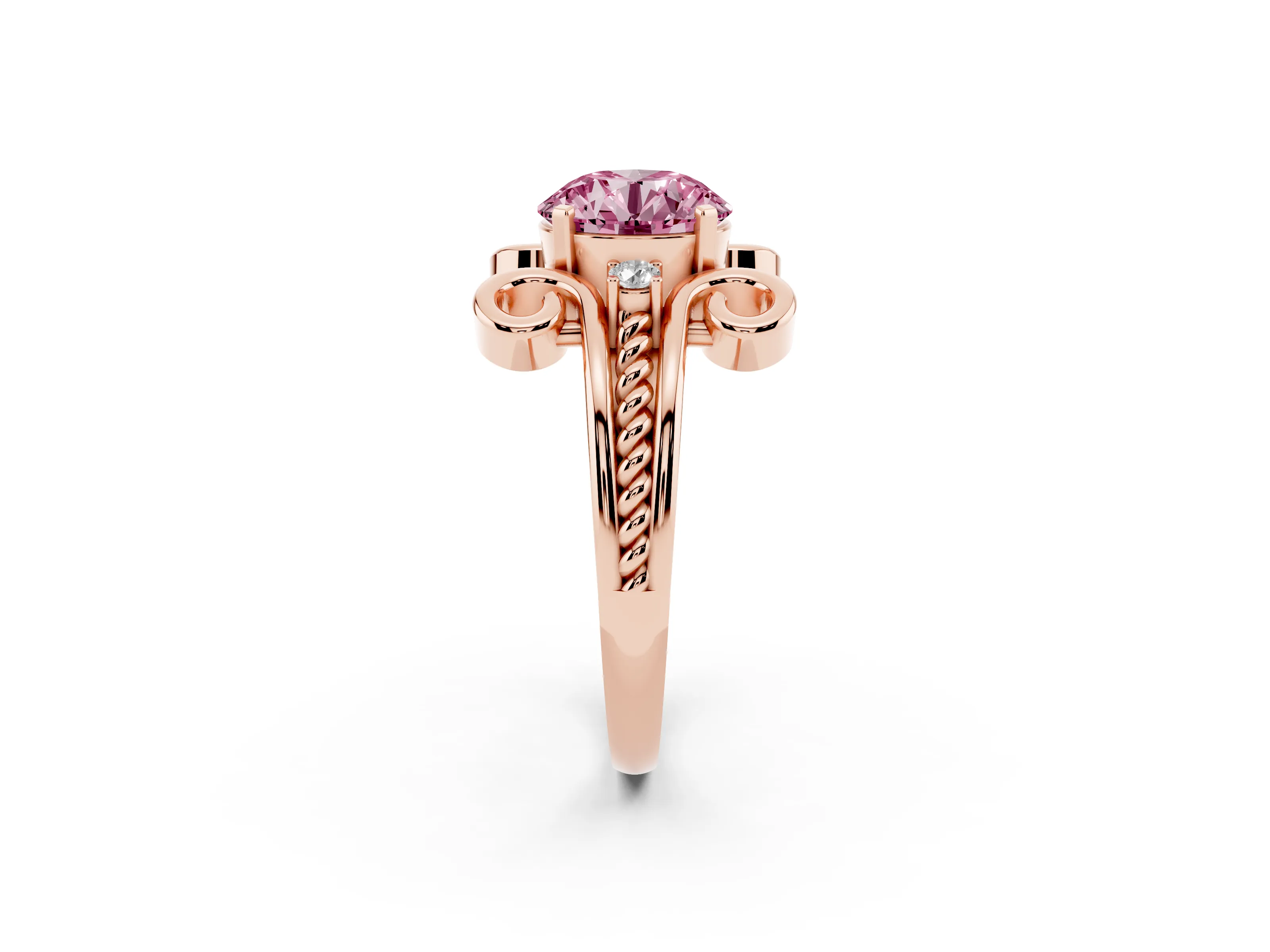 Fancy Pink Round Cut Diamond Twisted Band Solitaire Ring Set in Rose gold with Scroll Prongs