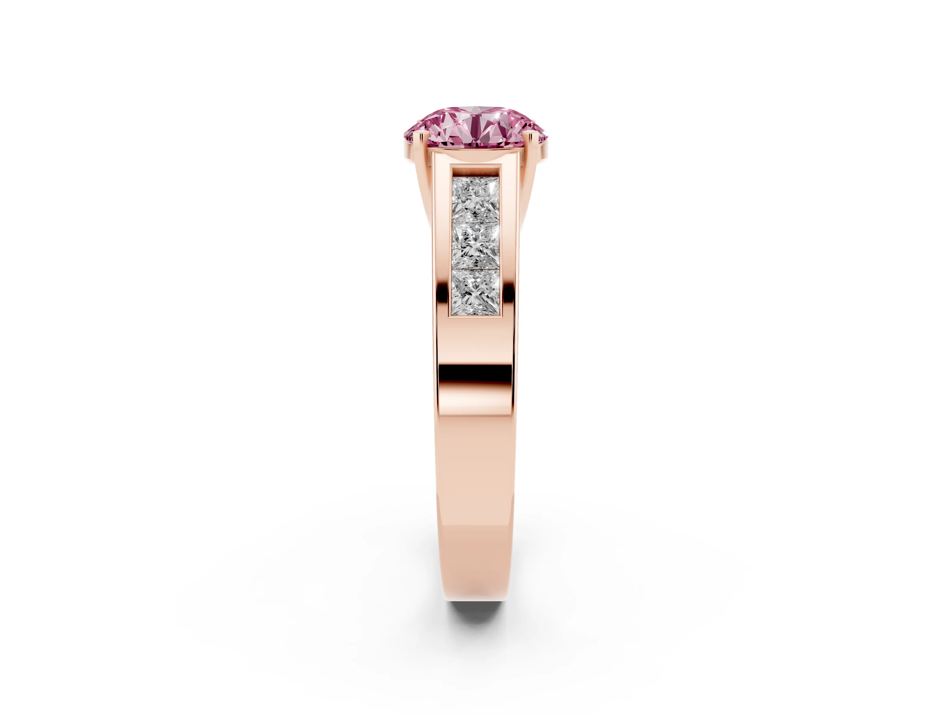 Fancy Pink Round Cut Diamond Solitaire Ring Set in Rose gold with Channel-Set Accent Stones and Prong Setting