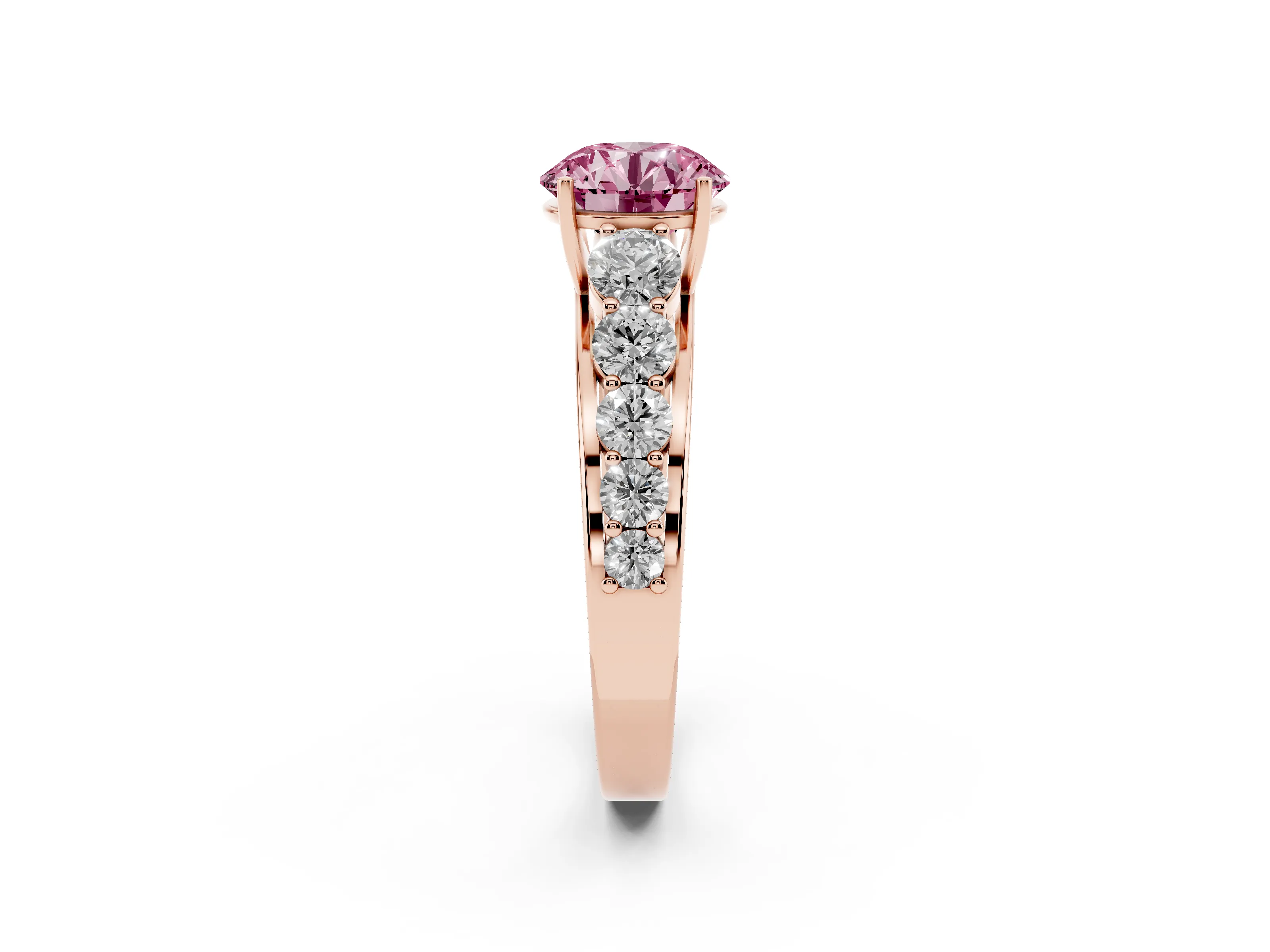 Fancy Pink Round Cut Diamond Solitaire Ring Set in Rose gold with Pavé-Set Band and Prong Setting