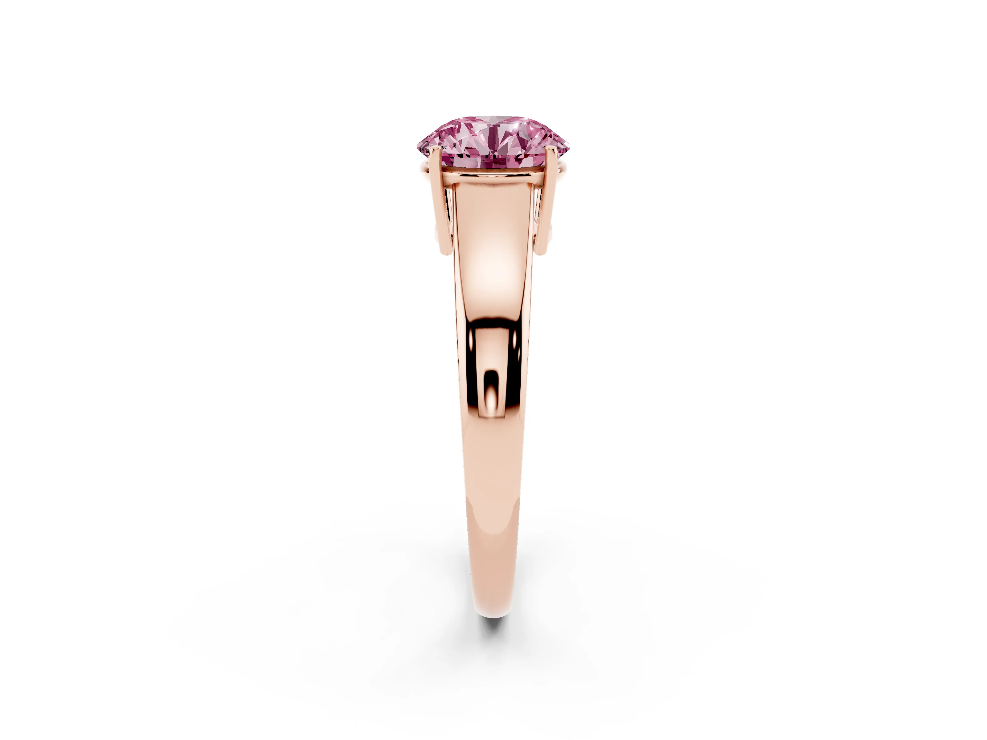 Fancy Pink Round Cut Diamond Solitaire Ring Set in Rose gold with Tapered Band and Prong Setting