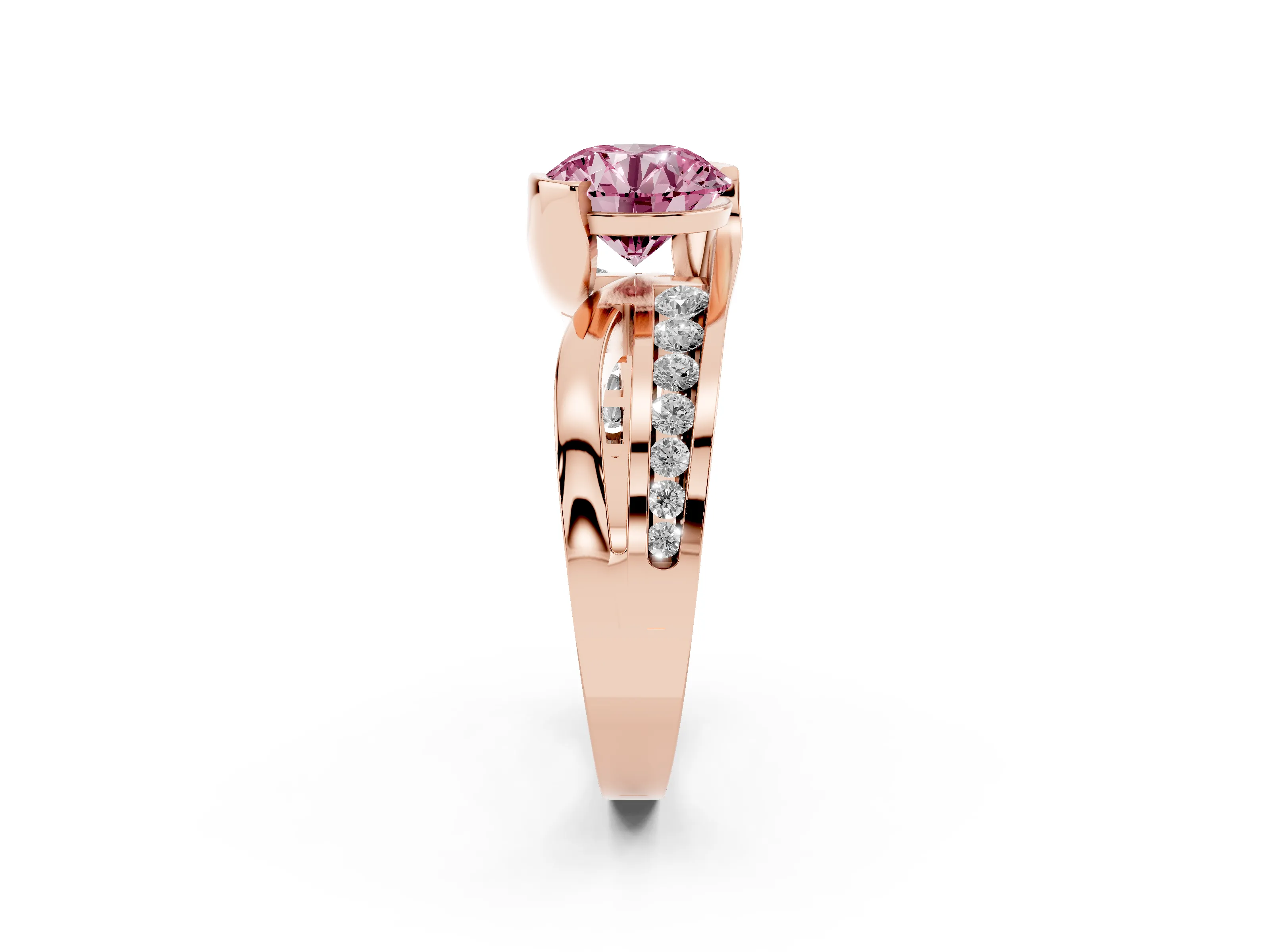Fancy Pink Round Cut Diamond Solitaire Ring Set in Rose gold with Channel Set Split Shank and Tension Prongs