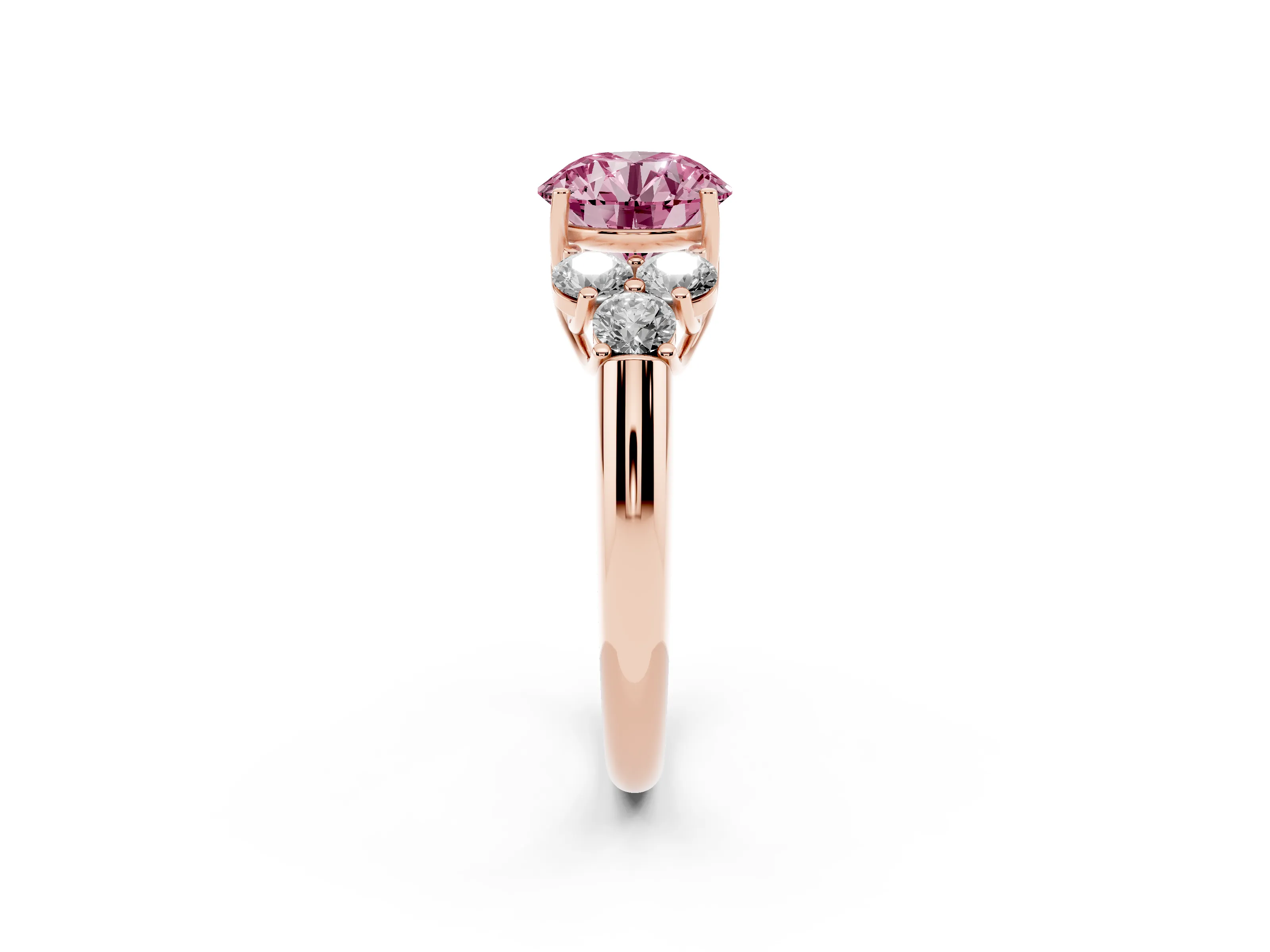 Fancy Pink Round Cut Diamond Cluster Ring Set in Rose gold with Round Accent Stones and Prong Setting on a Plain Band