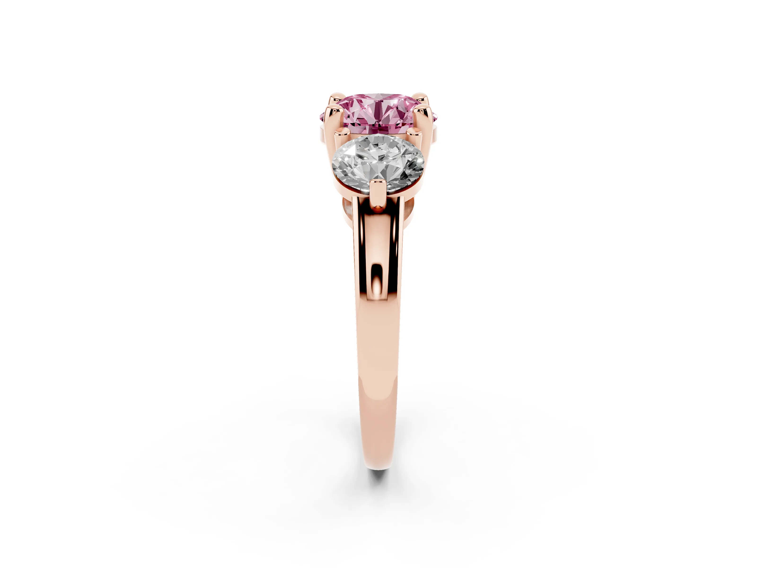 Fancy Pink Round Cut Diamond Three-Stone Ring Set in Rose gold with Prong Setting and Classic Band