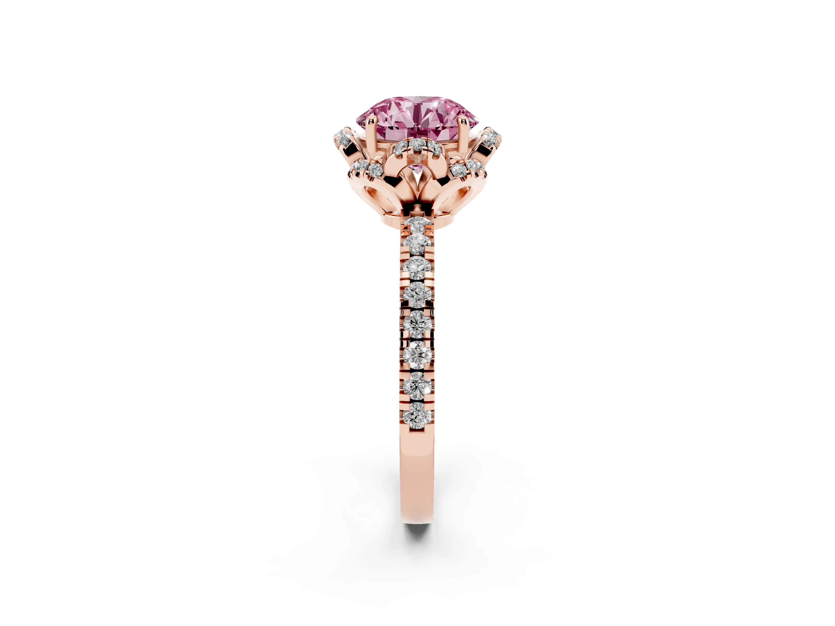 Fancy Pink Round Cut Diamond Halo Pavé Band Ring Set in Rose gold with Prong-Held Center