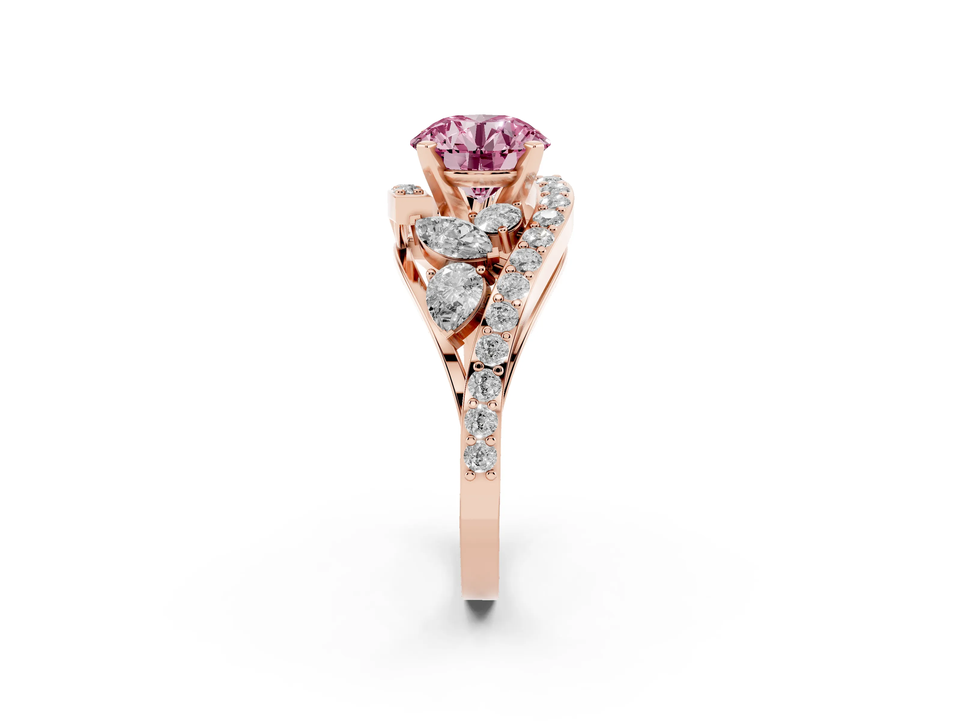 Fancy Pink Round Cut Diamond Halo Ring Set in Rose gold with Marquise and Pavé Band in Prong Setting