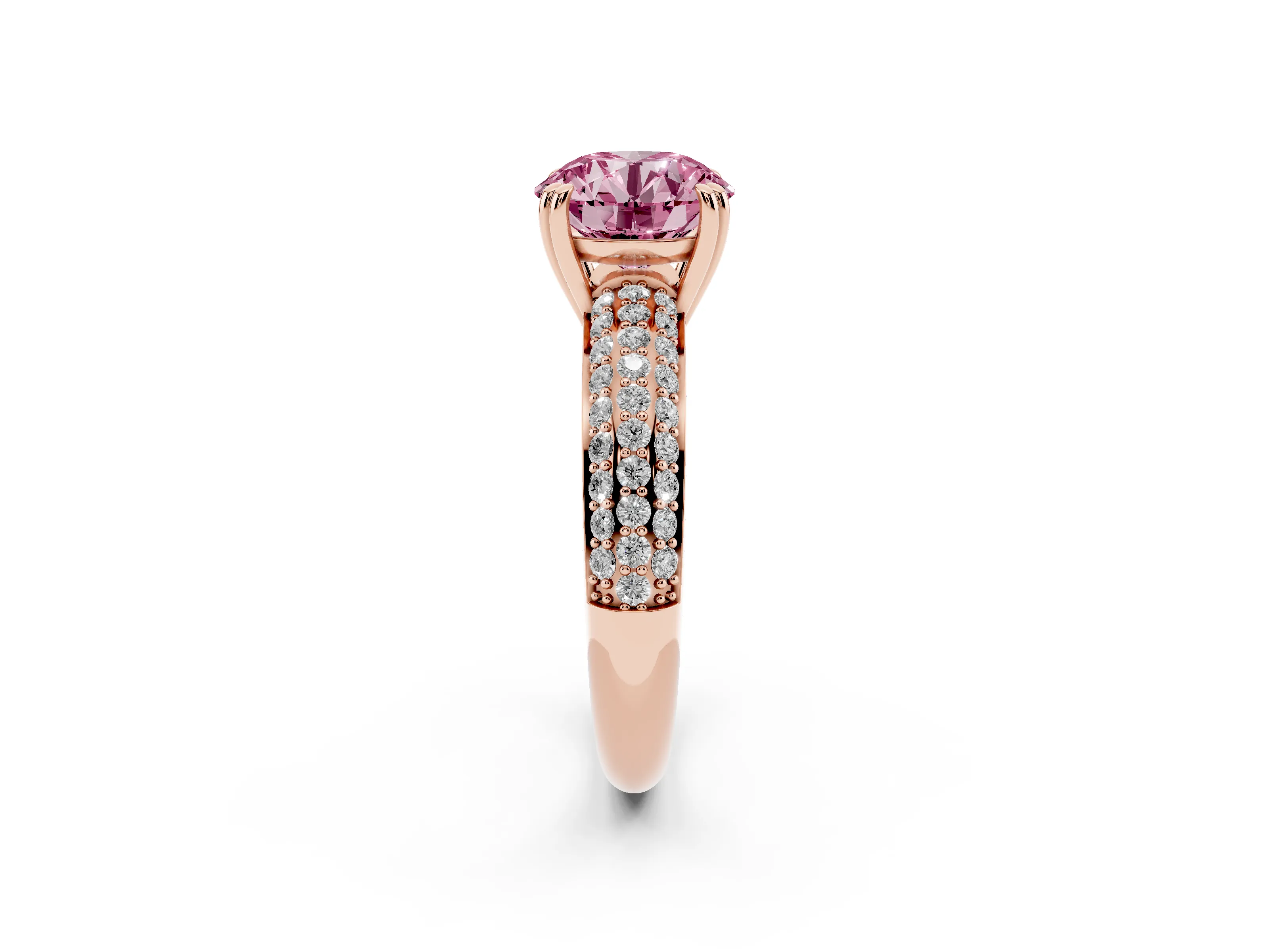 Fancy Pink Round Cut Diamond Solitaire Ring Set in Rose gold with Multi-Row Round Pavé Band and Prong Setting