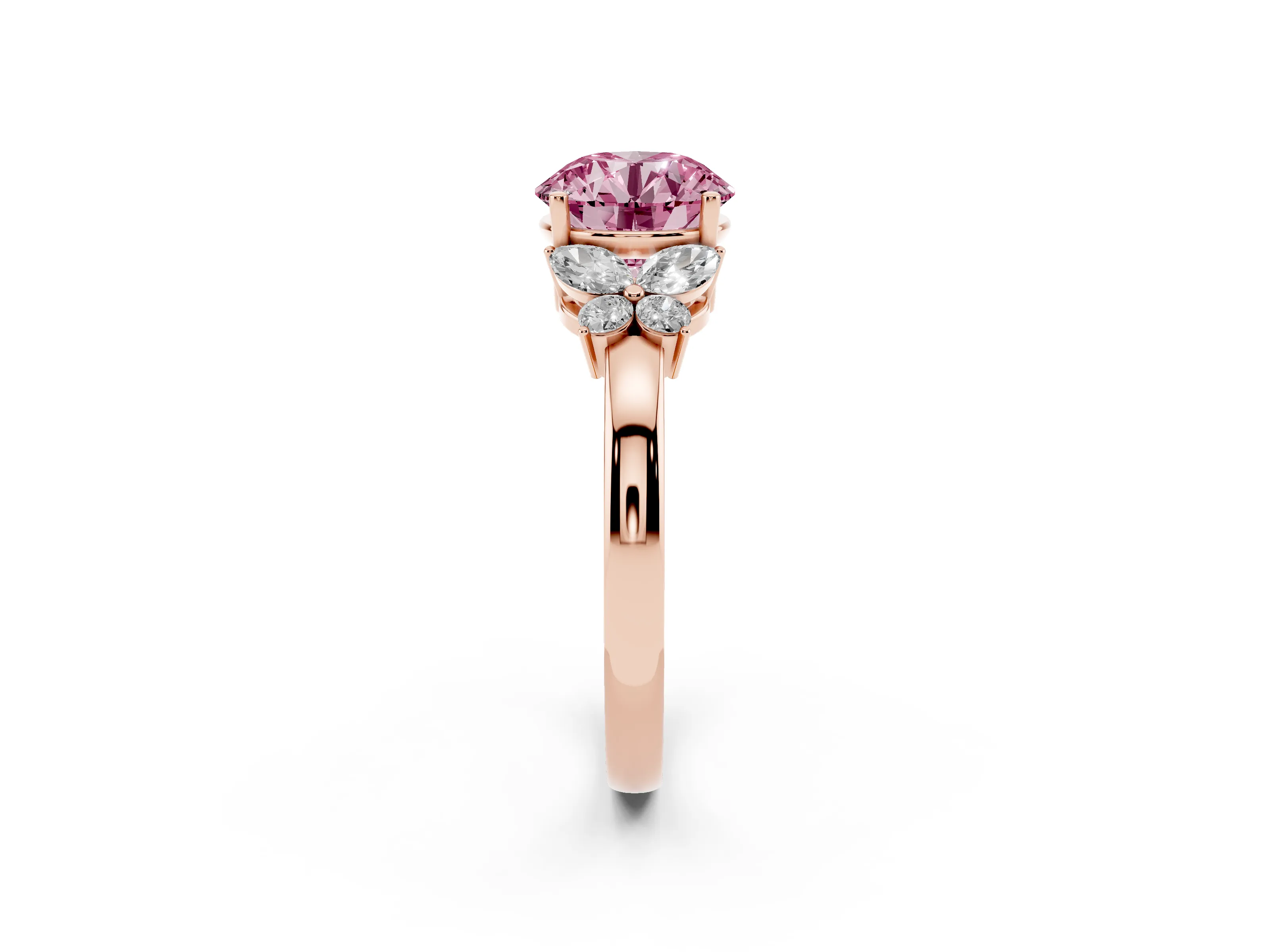 Fancy Pink Round Cut Diamond Solitaire Floral Ring Set in Rose gold with Marquise Petals and Prong Setting