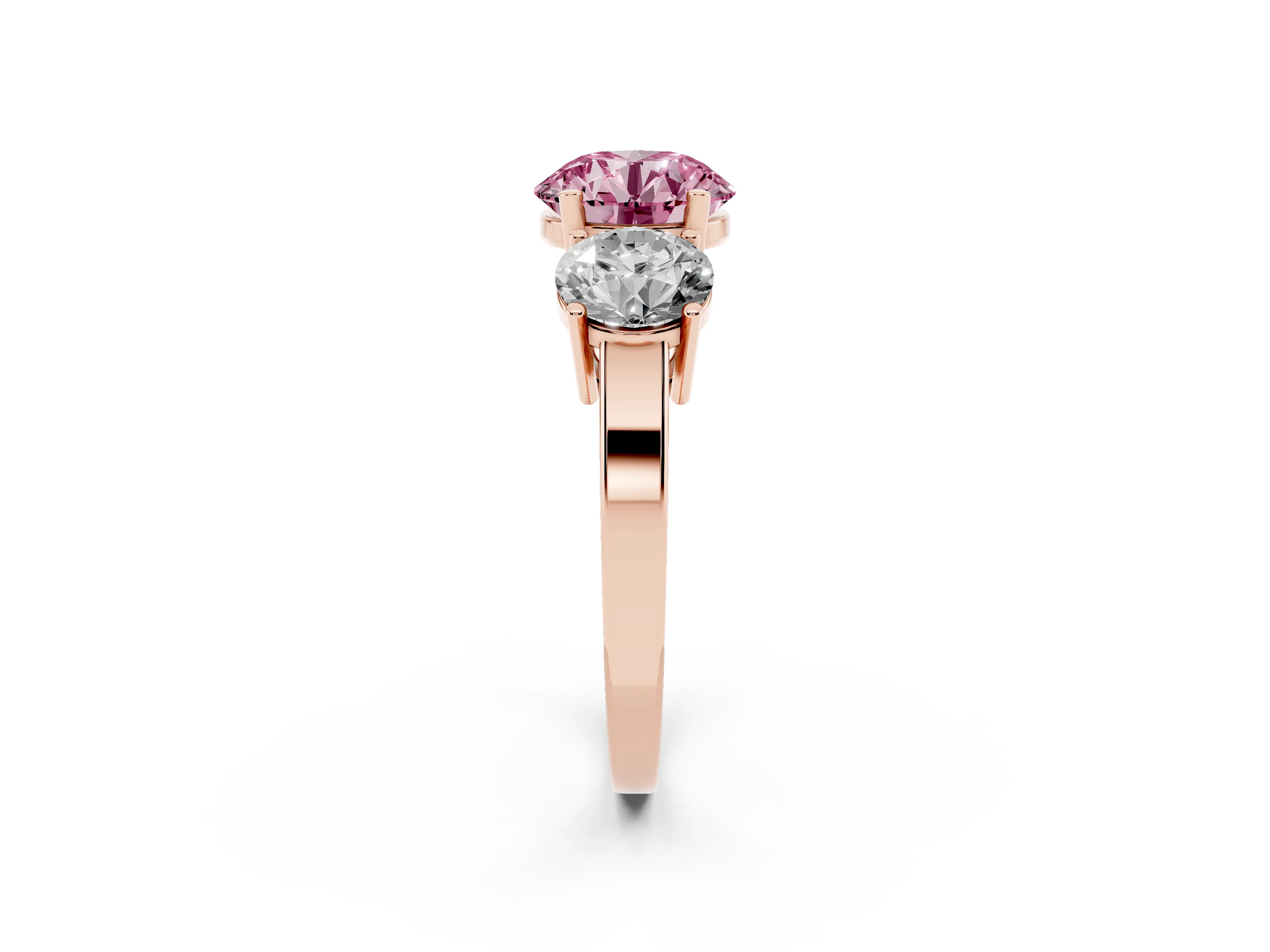 Fancy Pink Round Cut Diamond Three-Stone Engagement Ring Set in Rose gold with Flat Band