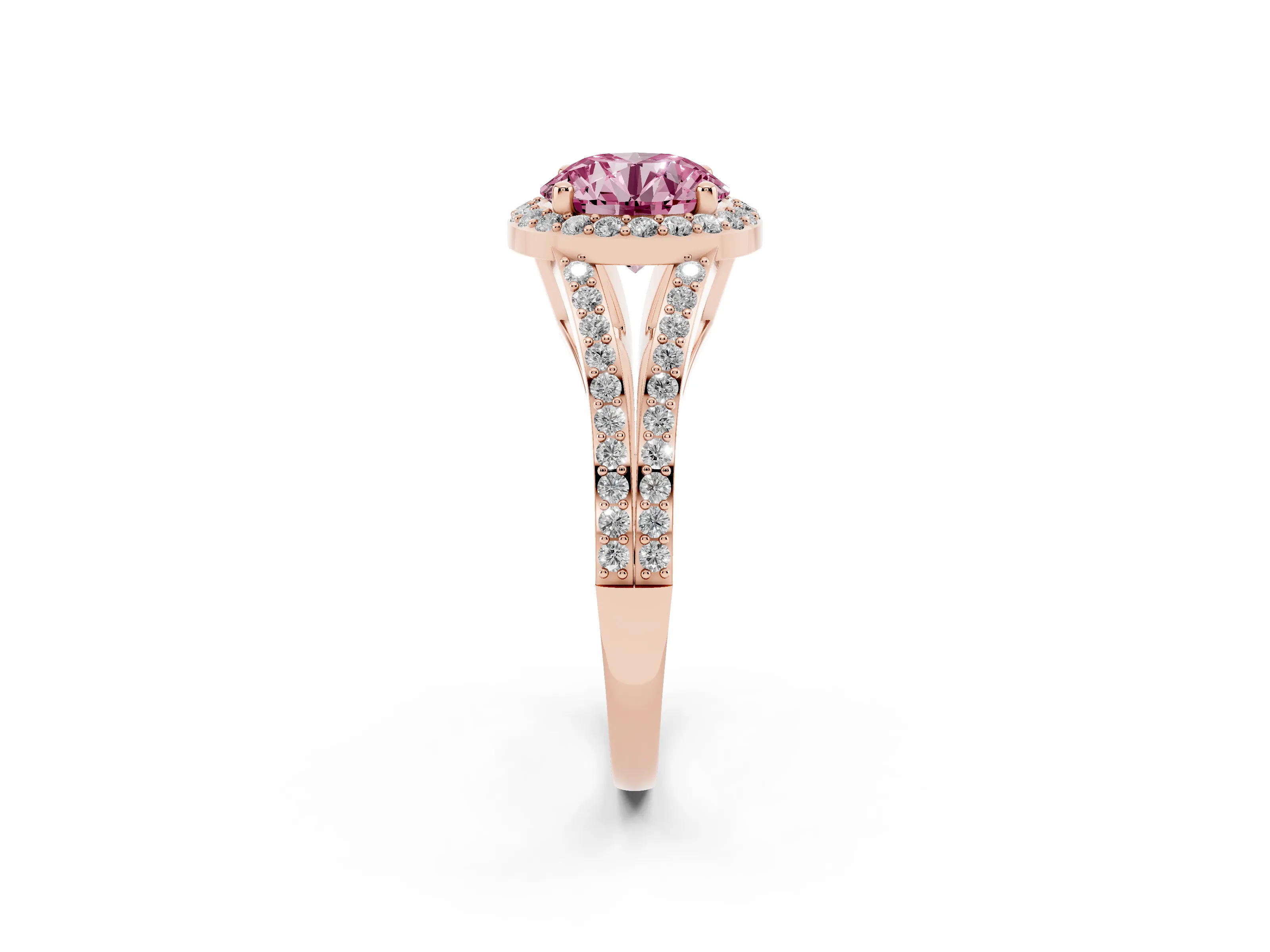 Fancy Pink Round Cut Diamond Halo Split Shank Pavé Ring Set in Rose gold with Prong Setting