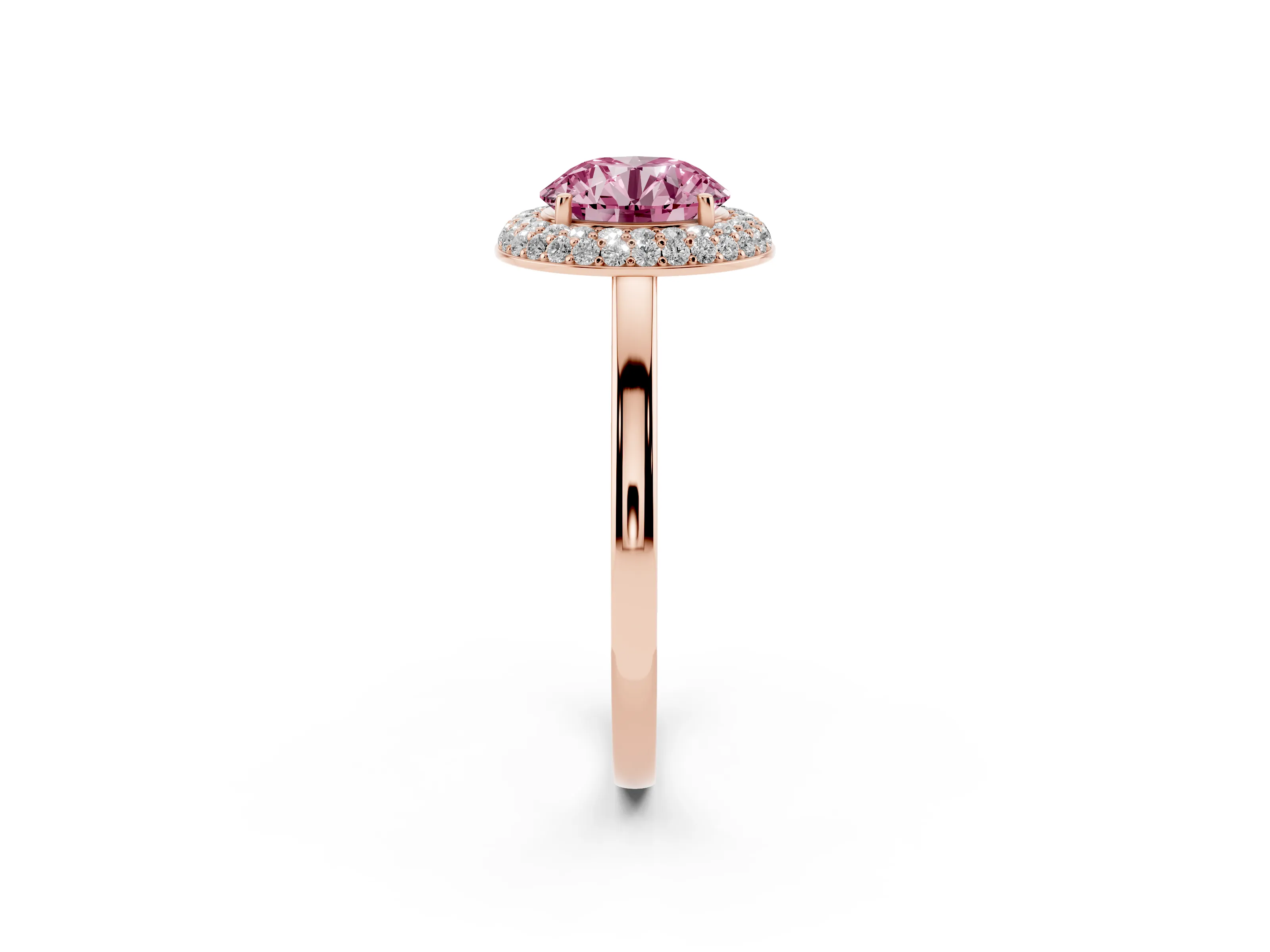 Fancy Pink Round Cut Diamond Halo Engagement Ring Set in Rose gold with Solitaire Band and Prong Setting