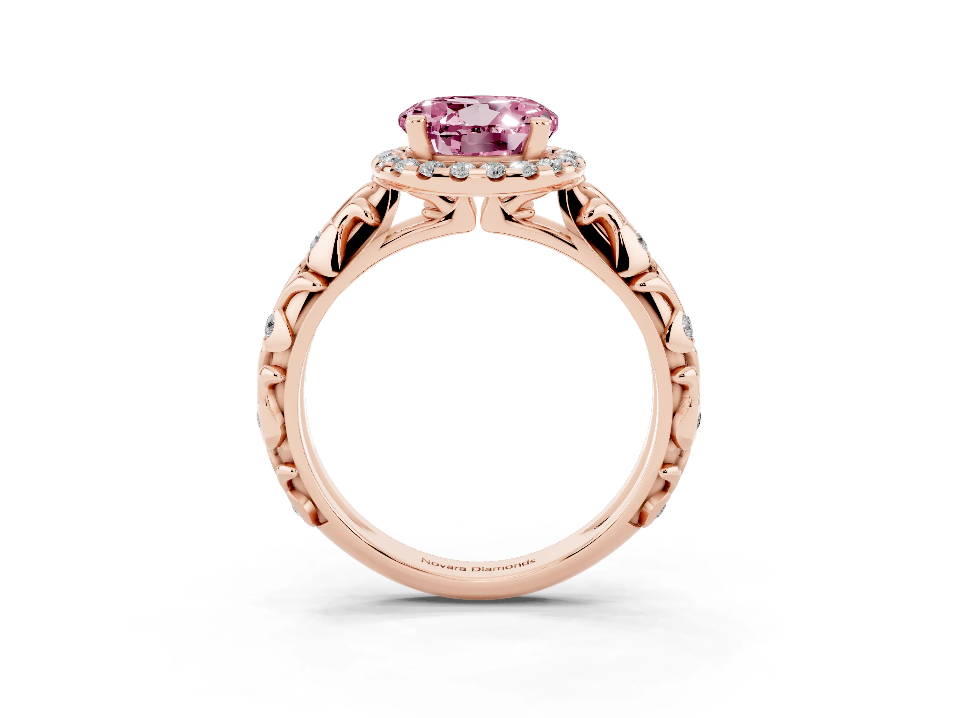 Fancy Pink Round Cut Diamond Halo Ring Set in Rose gold with Filigree Leaf Band and Prong Setting