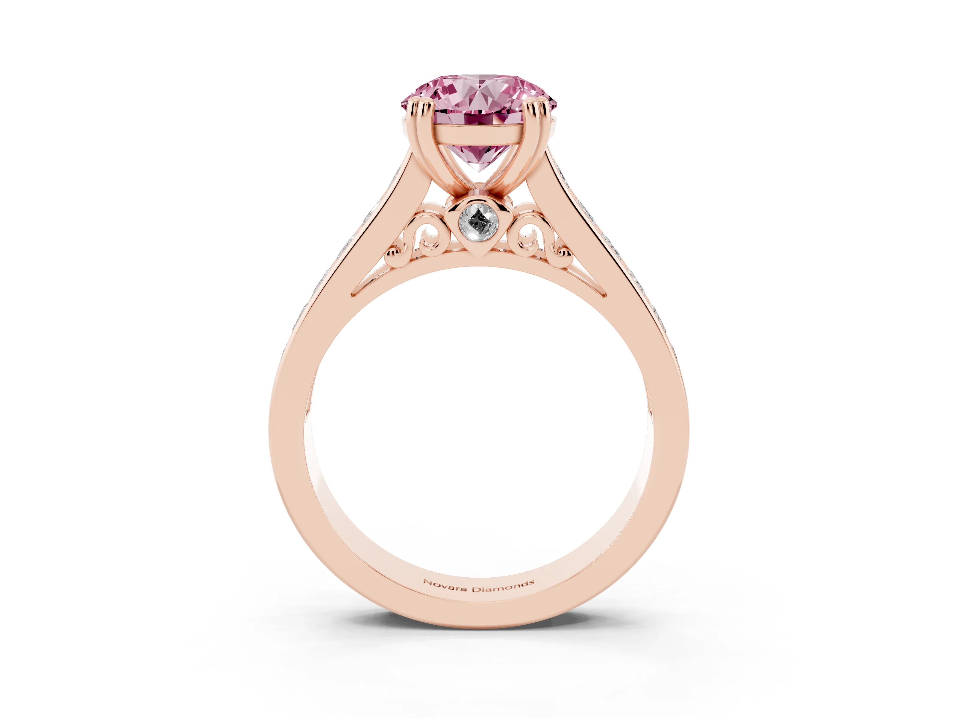 Fancy Pink Round Cut Diamond Channel Set Solitaire Engagement Ring Set in Rose gold with Prong Setting