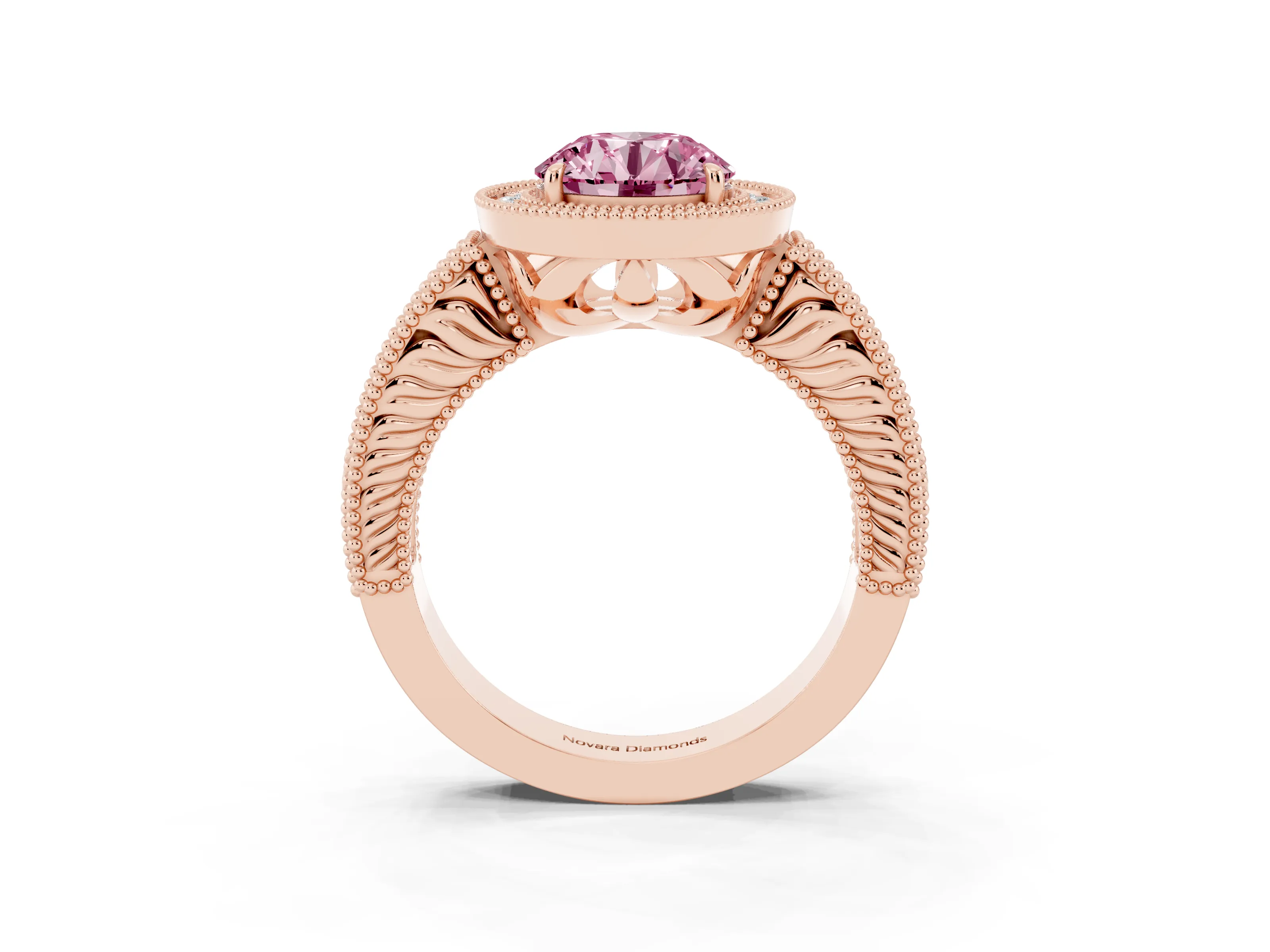 Fancy Pink Round Cut Diamond Halo Ring Set in Rose gold with Round Accent Halo, Pavé Band and Prong Setting