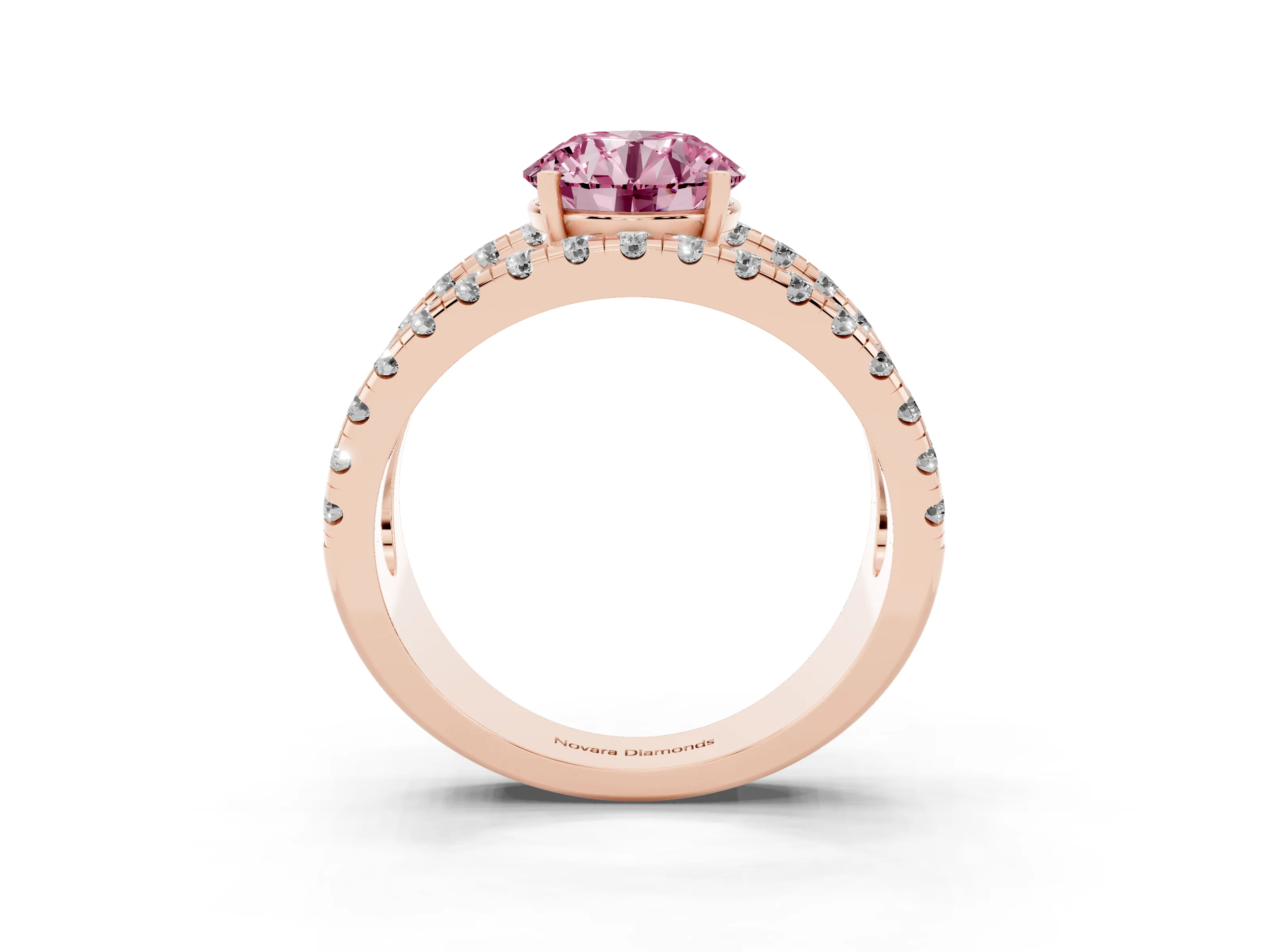Fancy Pink Round Cut Diamond Split Shank Pavé Solitaire Ring Set in Rose gold with Open Shank Design