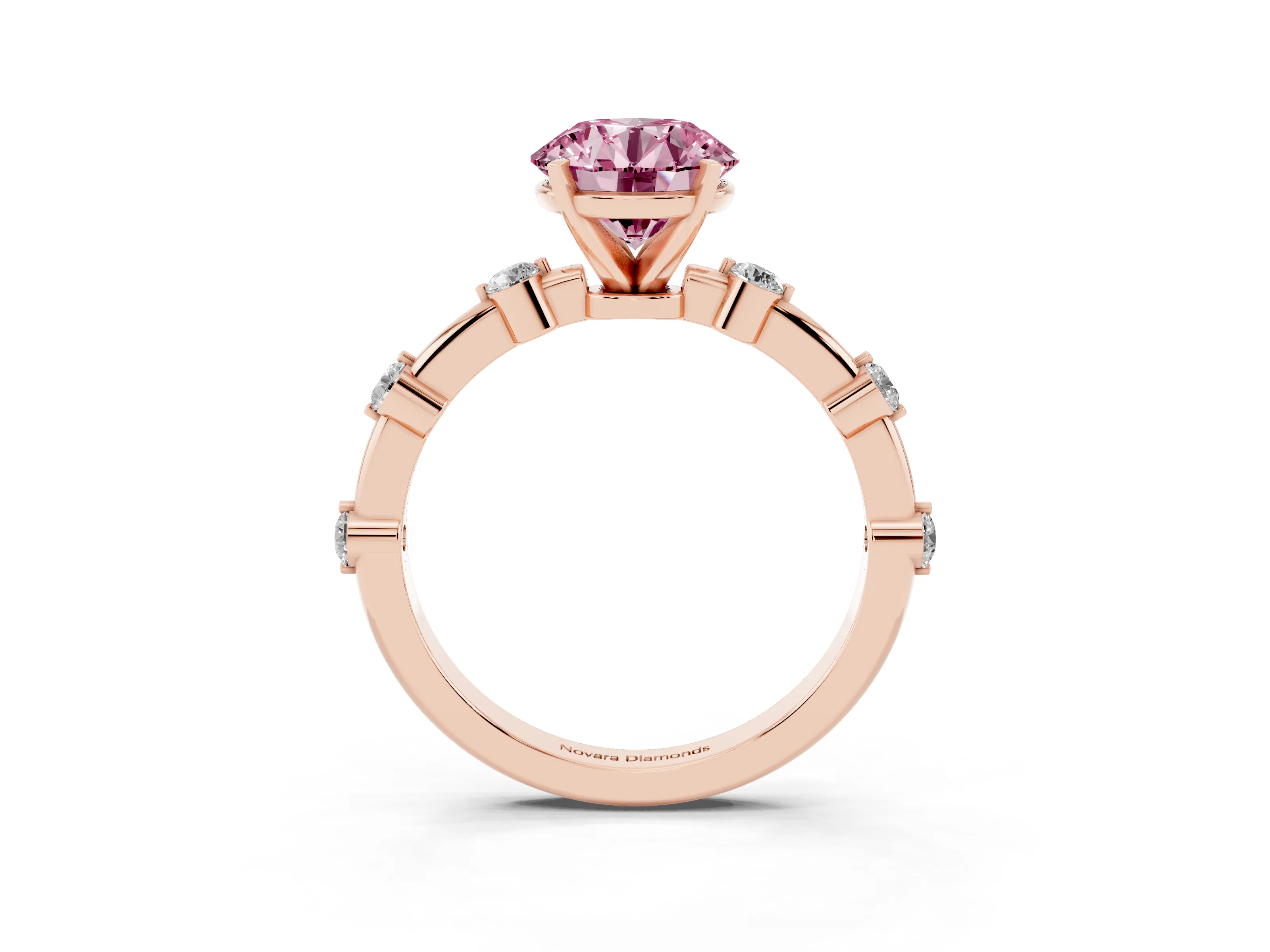 Fancy Pink Round Cut Diamond Solitaire Ring Set in Rose gold with Bezel Set Side Stones and Prong Setting