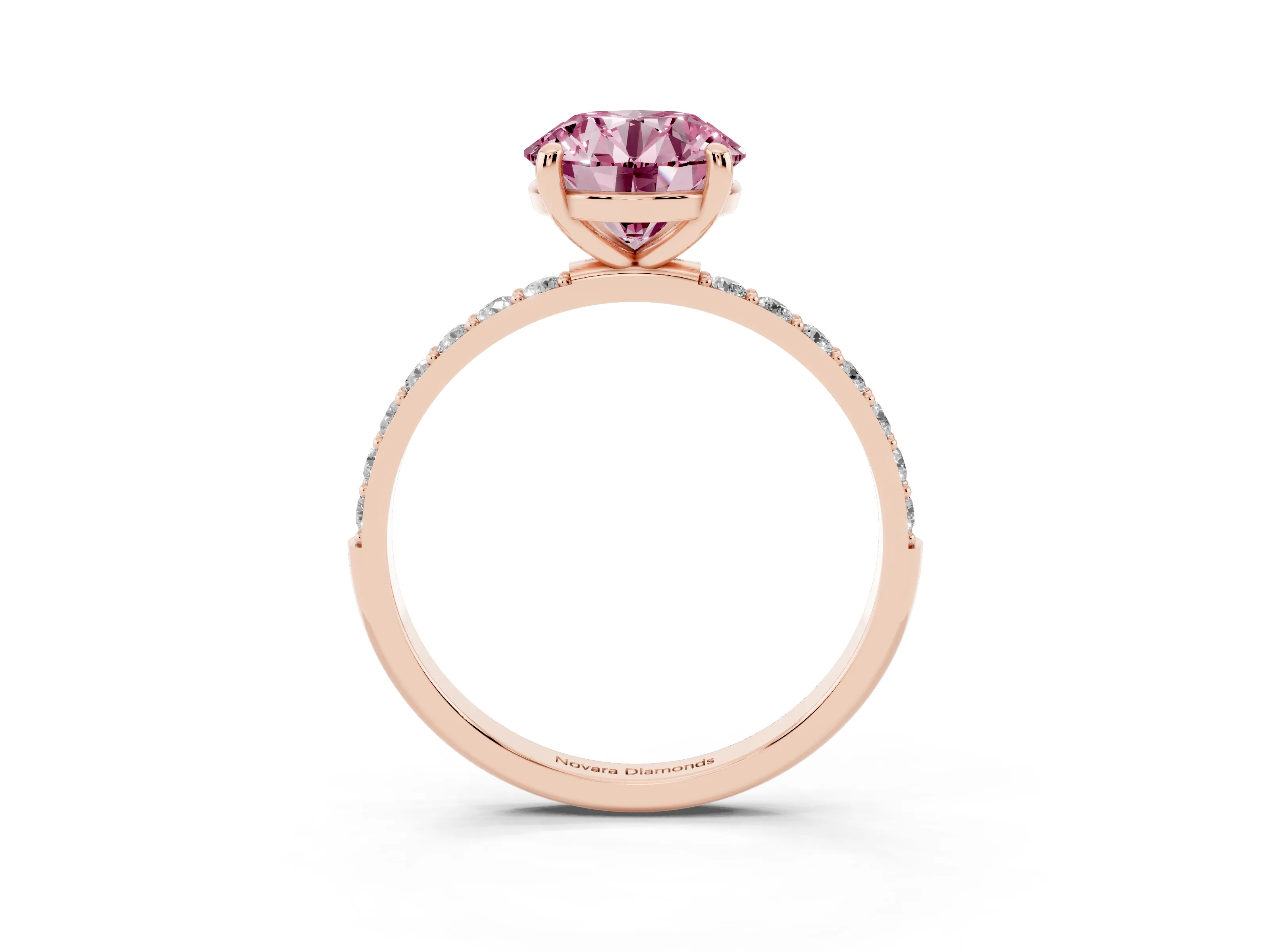 Fancy Pink Round Cut Diamond Solitaire Ring Set in Rose gold with Round Pavé Band and Prong Setting