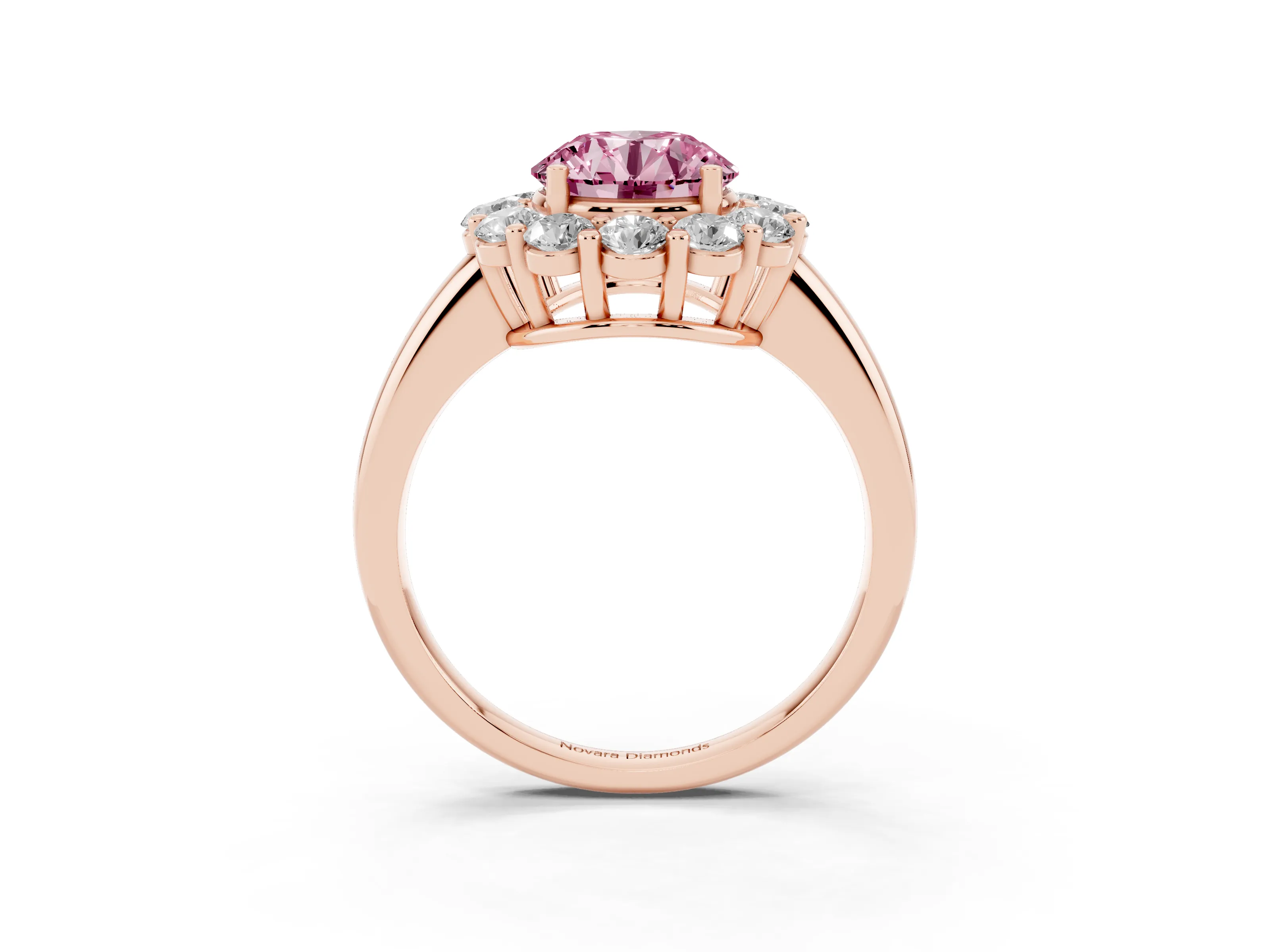 Fancy Pink Round Cut Diamond Halo Cluster Engagement Ring Set in Rose gold with Polished Band and Prong Setting