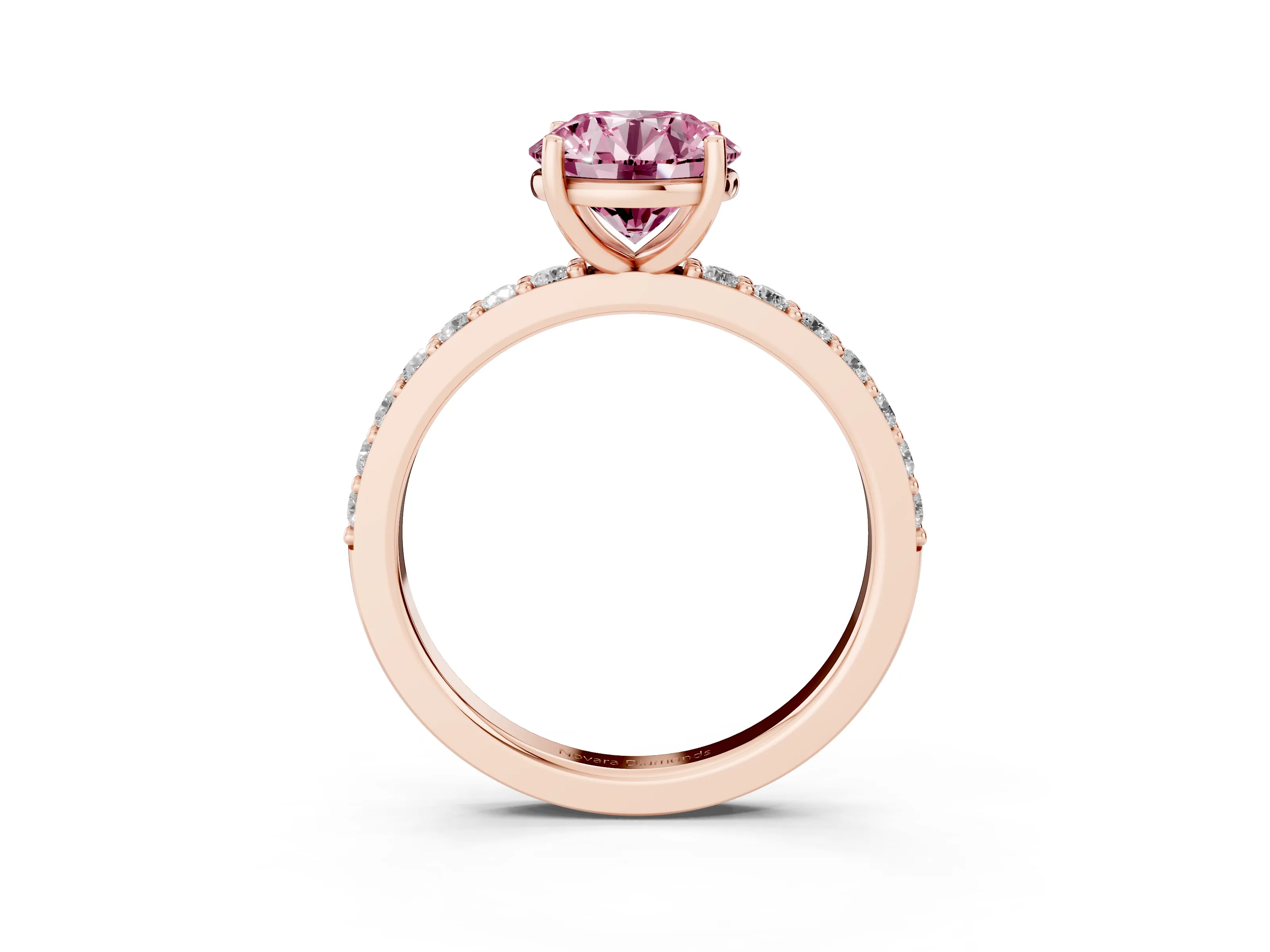 Fancy Pink Round Cut Diamond Solitaire Set in Rose gold with Round Pavé Band and Prong Setting