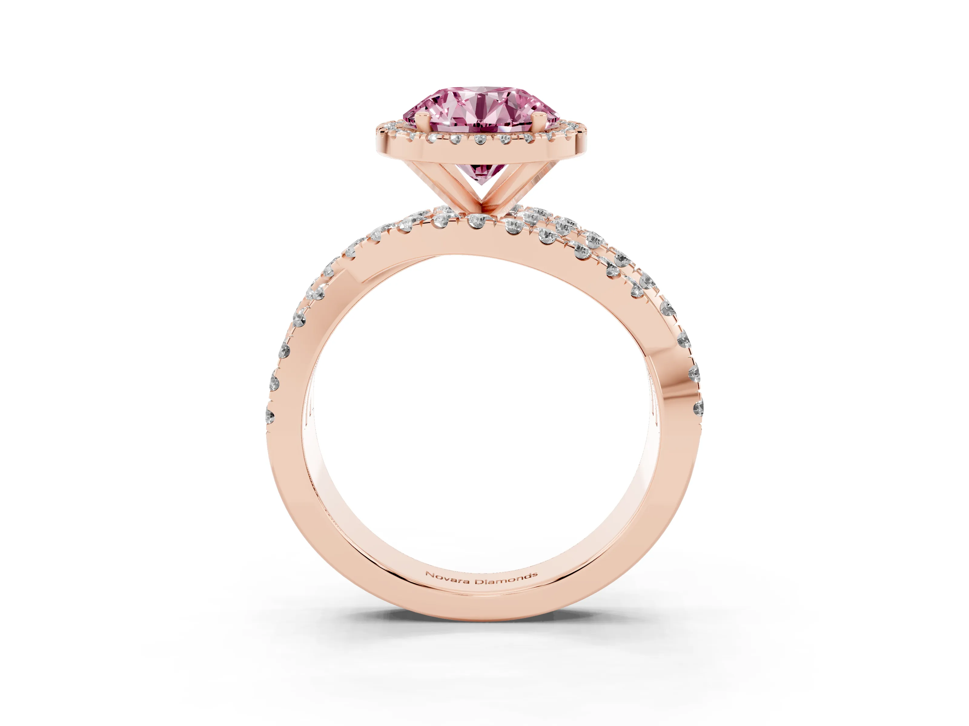Fancy Pink Round Cut Diamond Halo Ring Set in Rose gold with Round Crossover Split Shank and Prong Setting