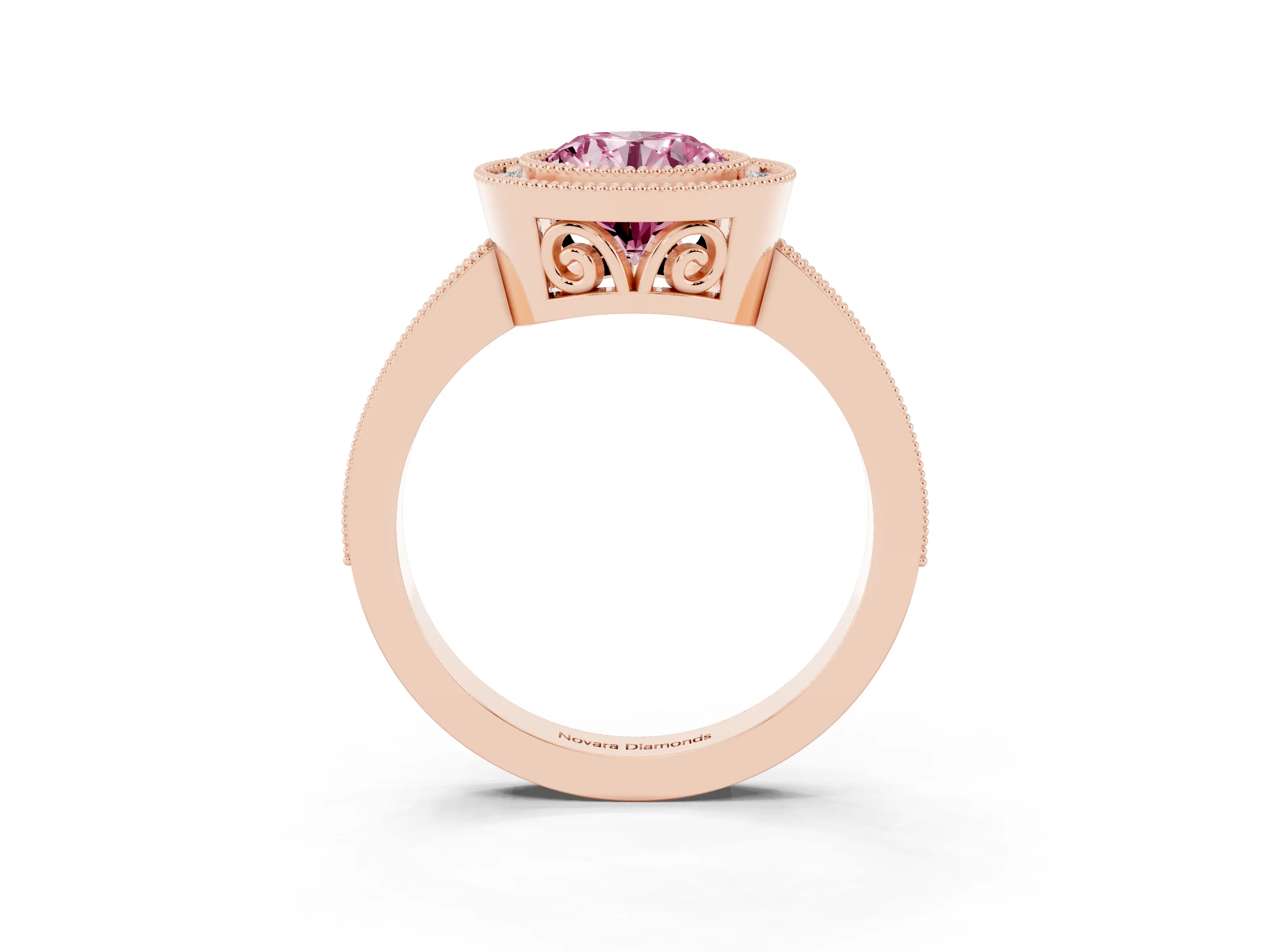 Fancy Pink Round Cut Diamond Halo Ring Set in Rose gold with Pavé Band and Milgrain-Edged Prongs