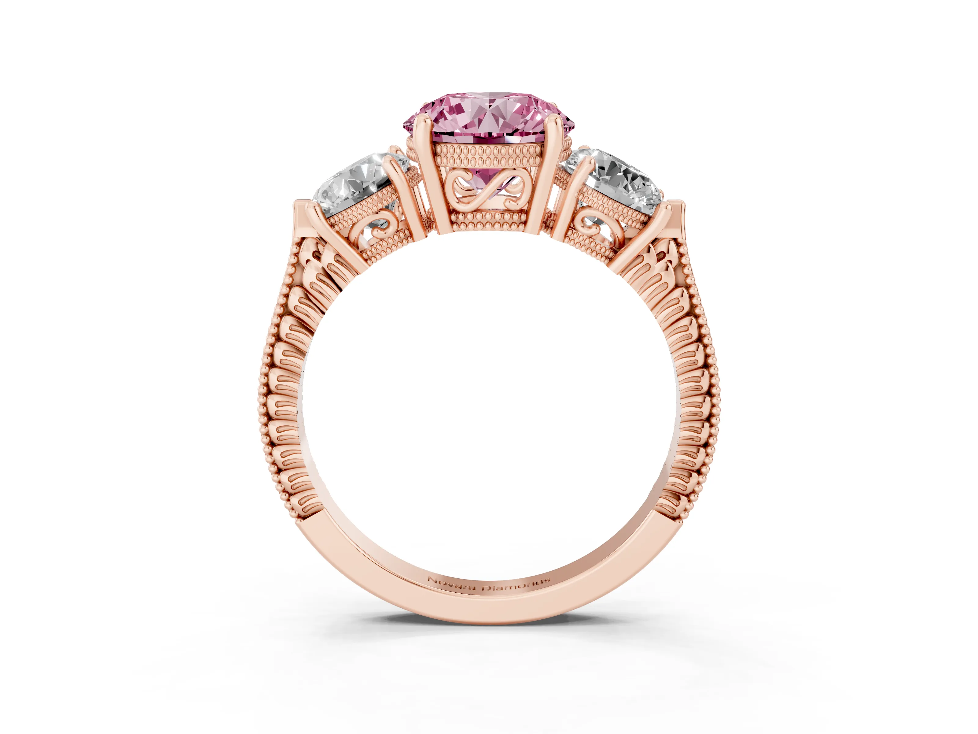 Fancy Pink Round Cut Diamond Three-Stone Ring Set in Rose gold with Milgrain Band