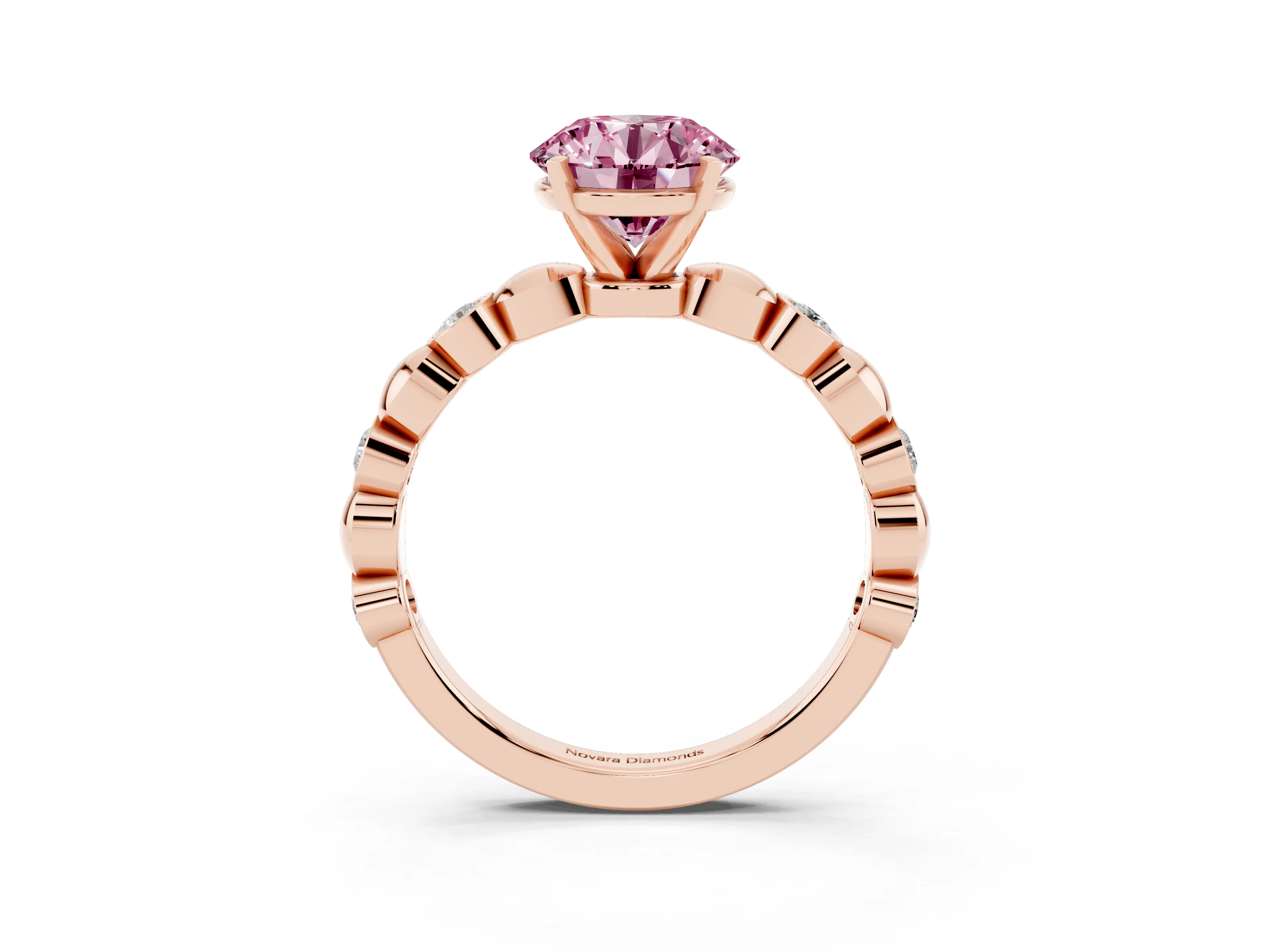 Fancy Pink Round Cut Diamond Solitaire Ring Set in Rose gold with Bezel-Set Accents on Beaded Band and Prong Setting