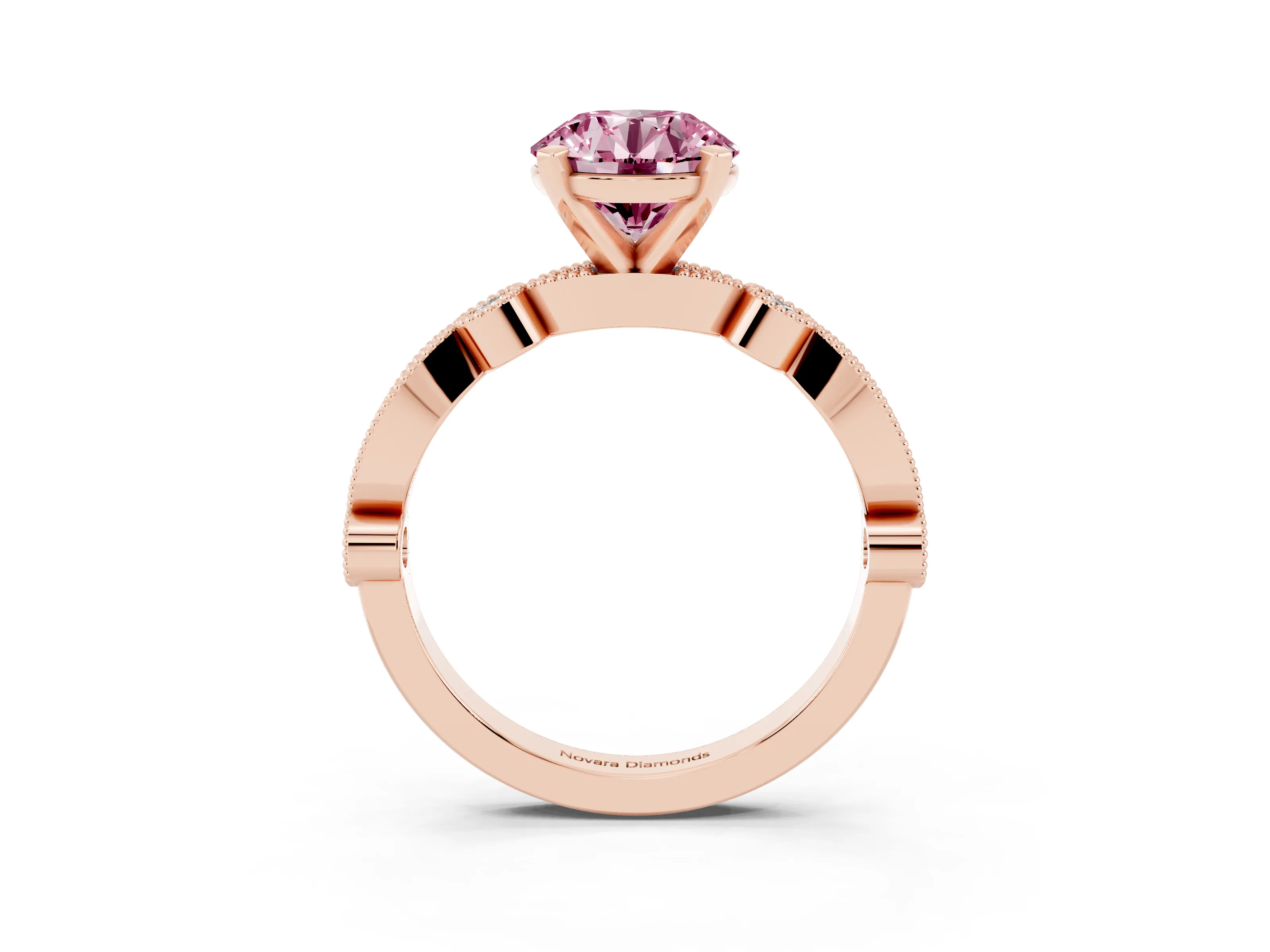 Fancy Pink Round Cut Diamond Solitaire Engagement Ring Set in Rose gold with Milgrain Bezel Accent Band
