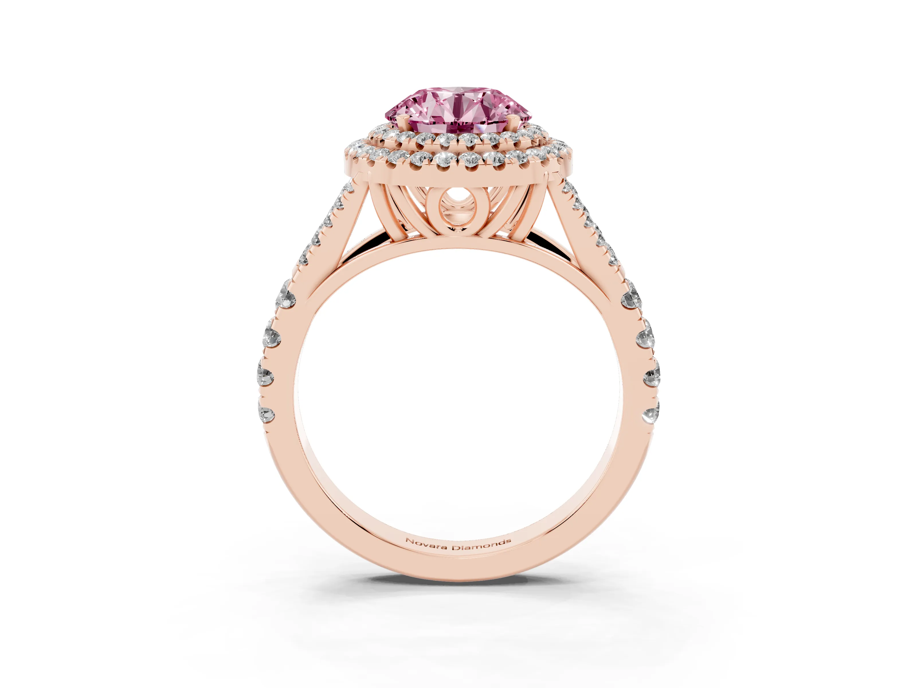 Fancy Pink Round Cut Diamond Pavé Split Shank Double Halo Engagement Ring Set in Rose gold