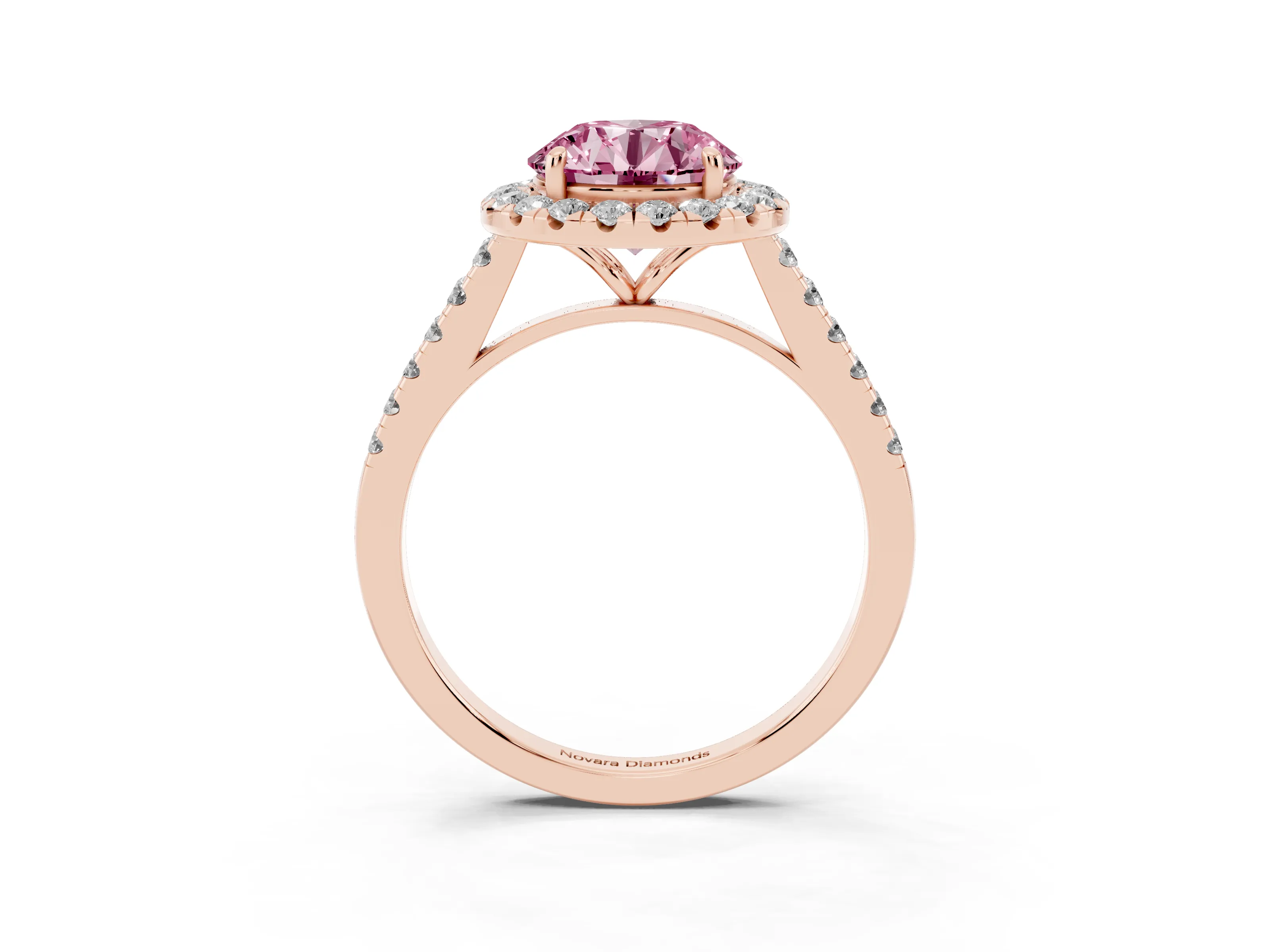 Fancy Pink Round Cut Diamond Halo Pavé Engagement Ring Set in Rose gold with Prong Setting