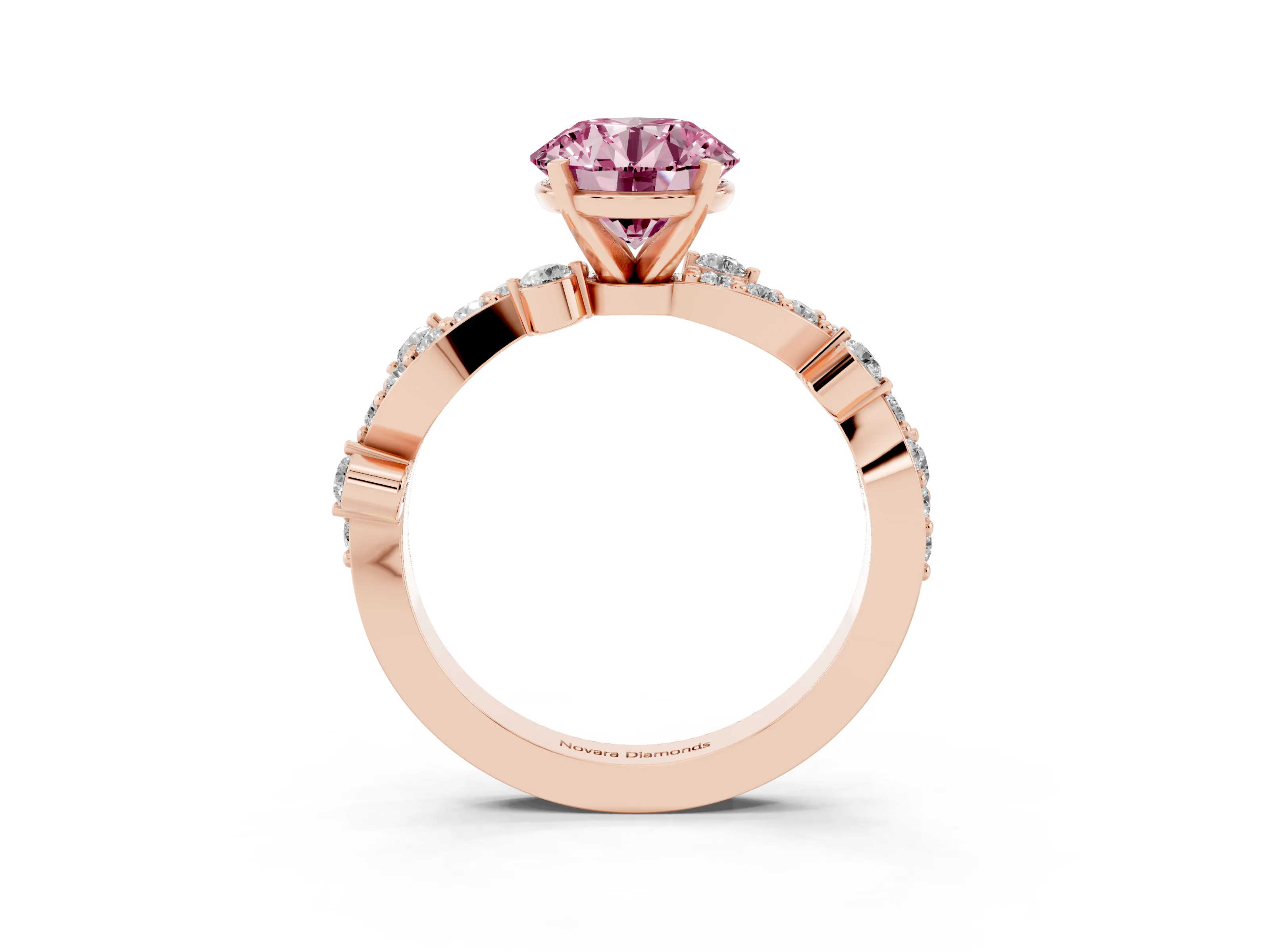 Fancy Pink Round Cut Diamond Solitaire Twisted Band Set in Rose gold with Pavé Setting