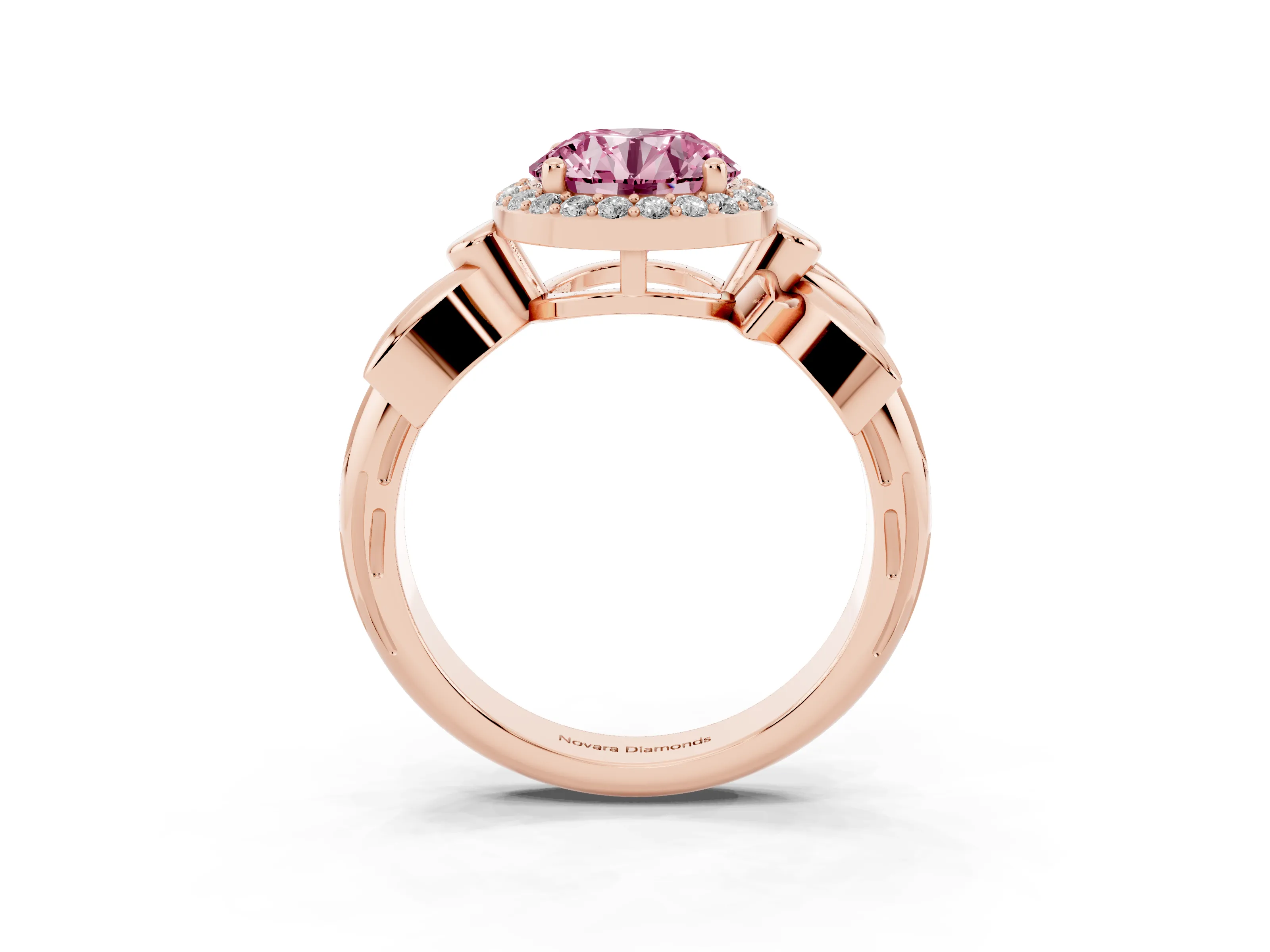 Fancy Pink Round Cut Diamond Halo Floral Band Ring Set in Rose gold with Prong Setting